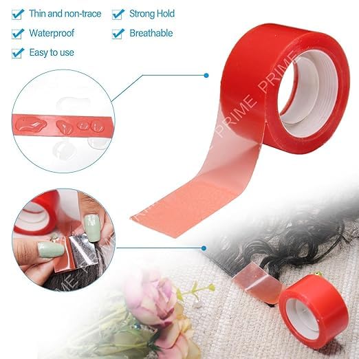 Prime 1-Piece Double-Sided Wig Tape - Transparent Toupee Tape for Extended Wear | Hair System & Patch Bonding Tape for Men (Red, Pack of 1) | Secure All-Day Hold for Wigs, Hairpieces & Extensions
