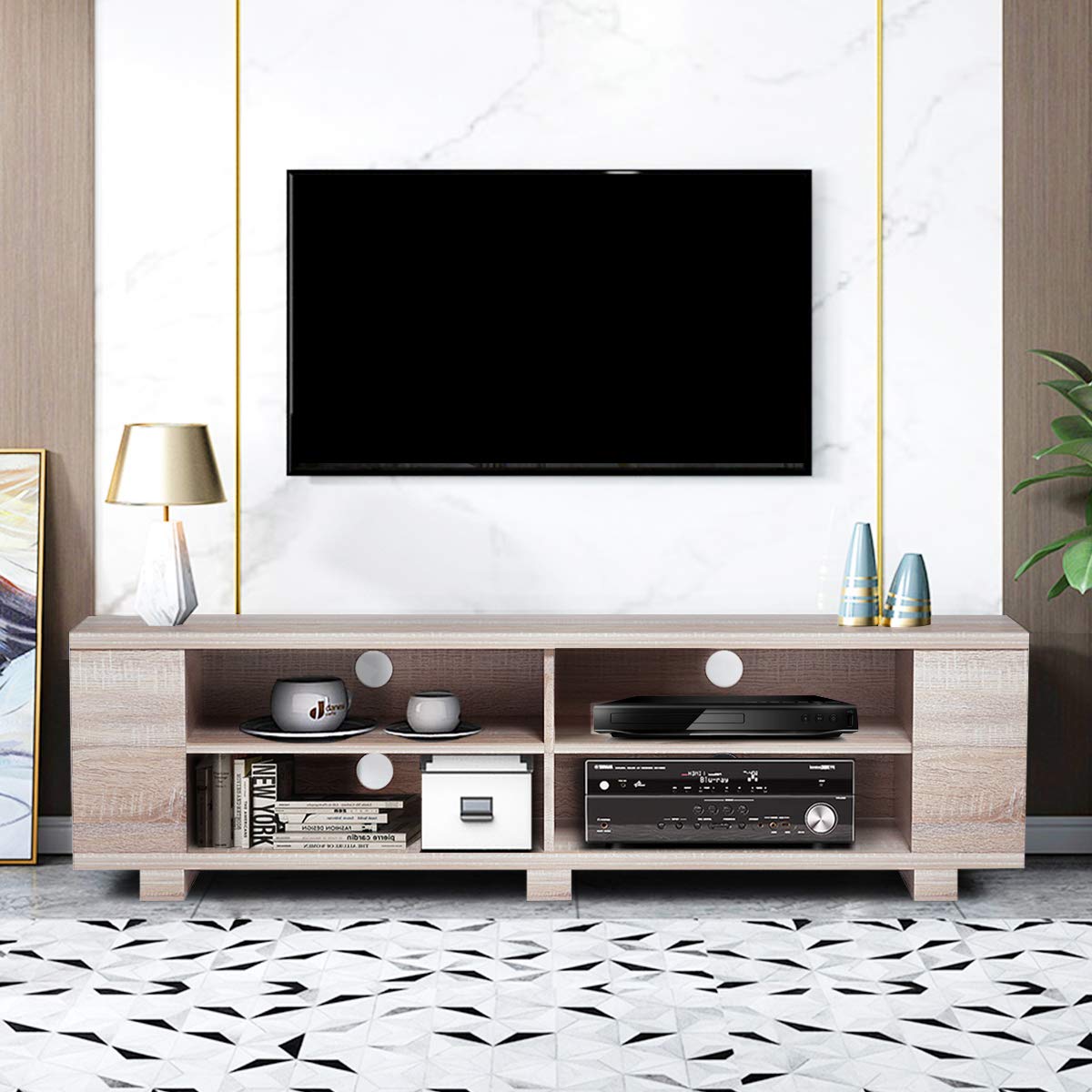 Modern Wood TV Stand for 65-Inch TVs - Universal Entertainment Center with 8 Open Storage Shelves - Stylish Living Room Furniture for TV, Gaming & Media Storage (Natural Wood Finish)