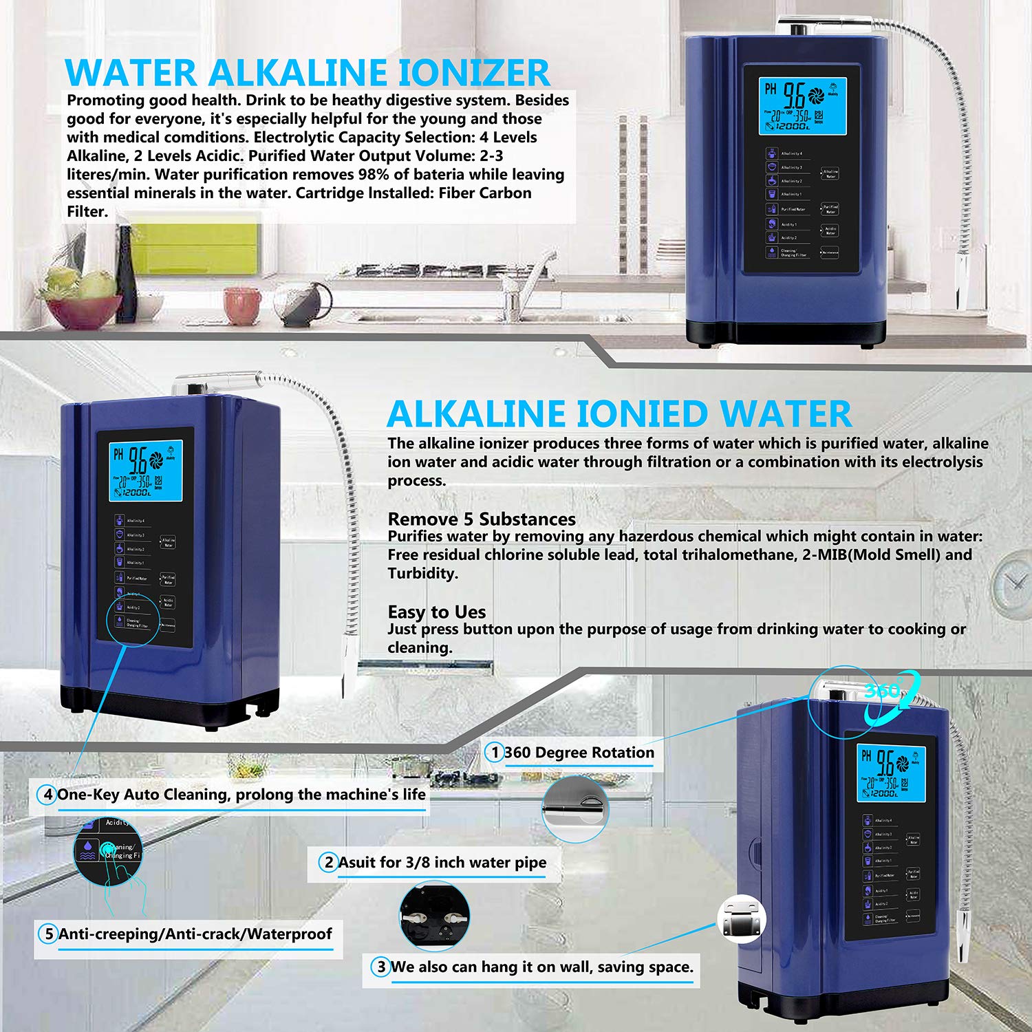 Premium Alkaline Water Ionizer Machine - pH 3.5-10.5 Adjustable, -500mV ORP, 8000L Filter Capacity, 7 Water Settings, Auto-Cleaning & Voice Control (Blue) - Perfect for Home, Office & Health Enthusiasts