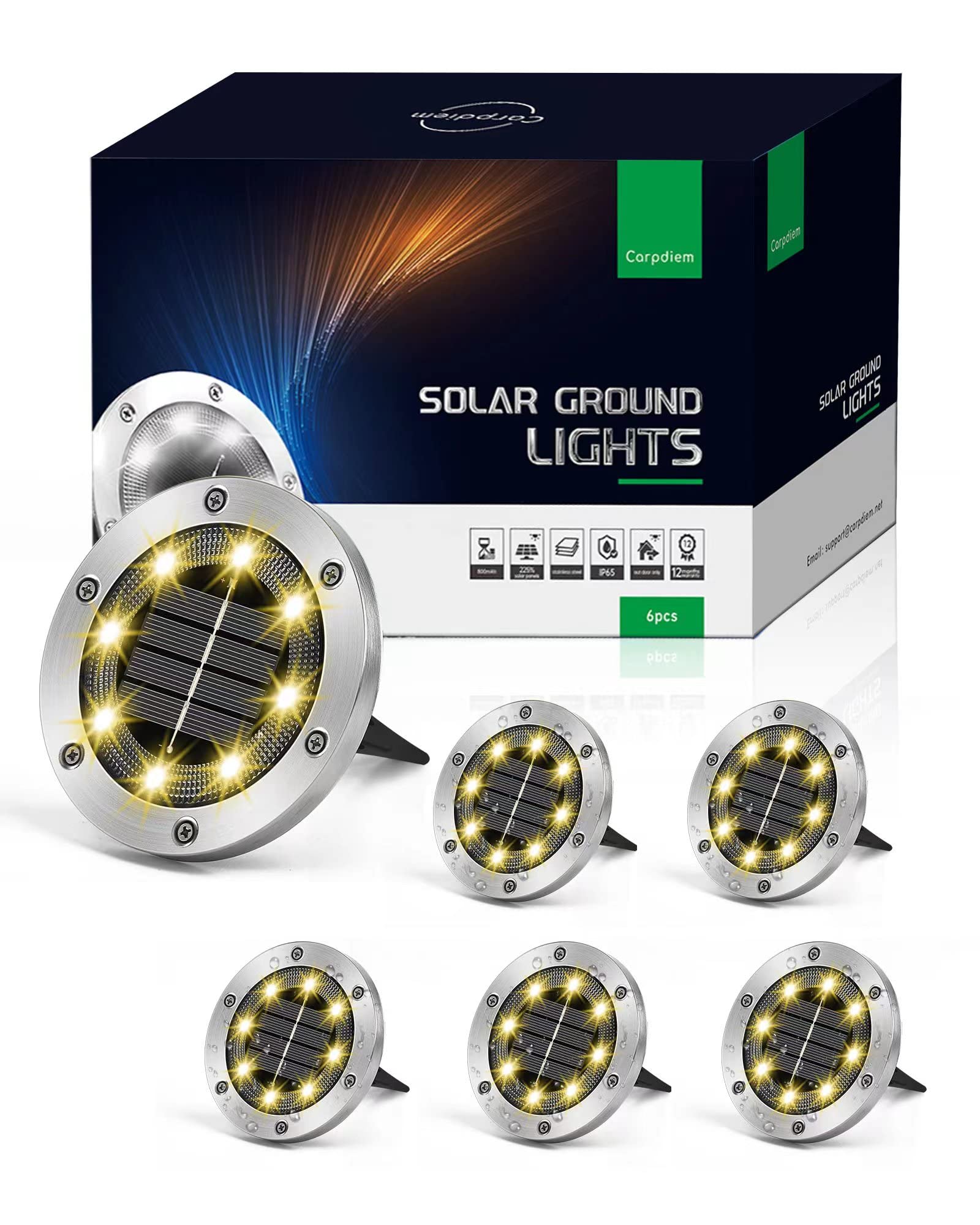 **6-Pack Carpdiem Solar Ground Lights - 8 LED Flat Waterproof Outdoor Solar Disk Lights for Garden, Yard & Pathway - Warm White - Perfect for Driveways, Walkways & Landscaping**