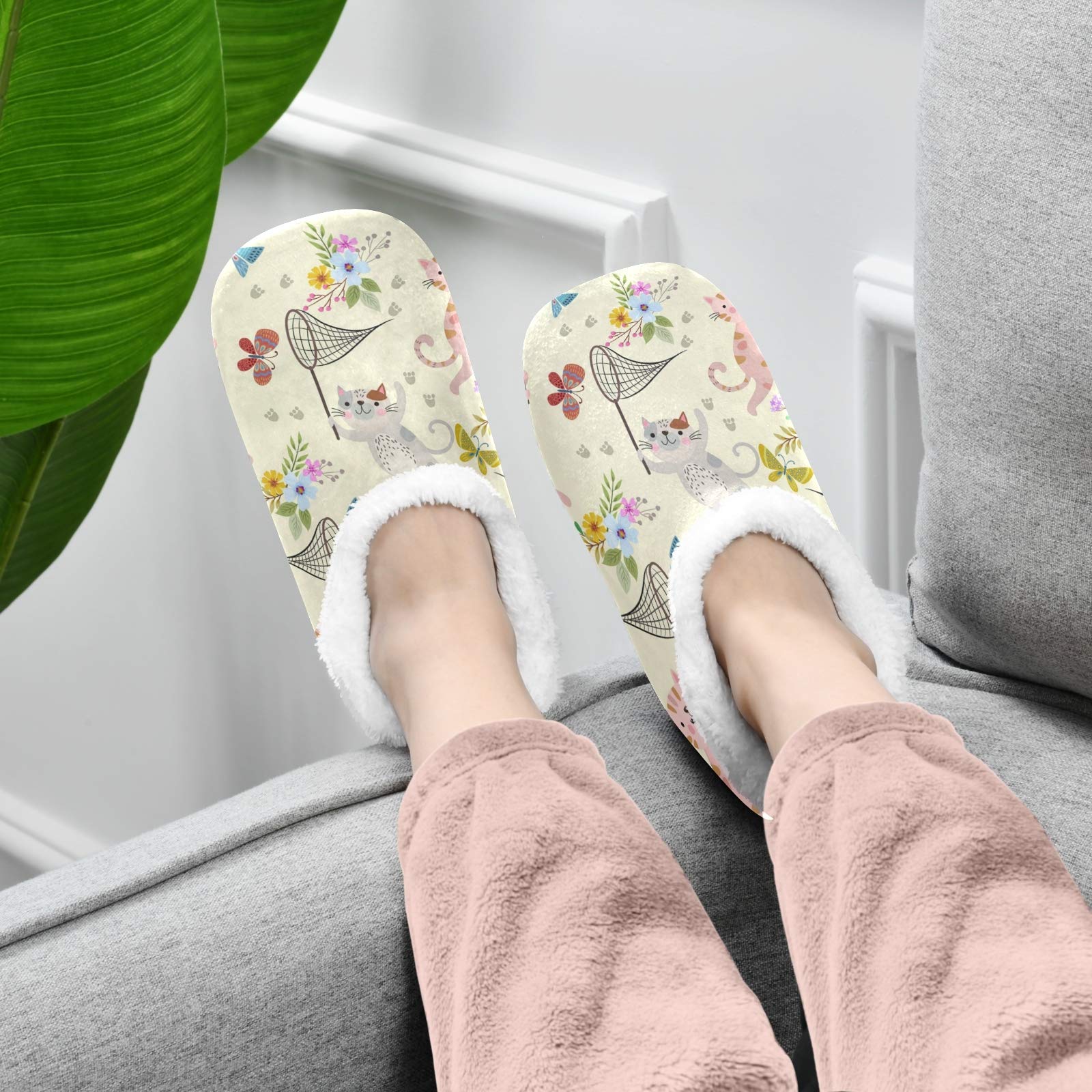 Women's Cartoon Cat & Butterfly Coral Fleece House Slippers - Cozy Indoor Shoes for Men & Women (US 5-6) - Perfect for Home, Lounge & Winter Comfort