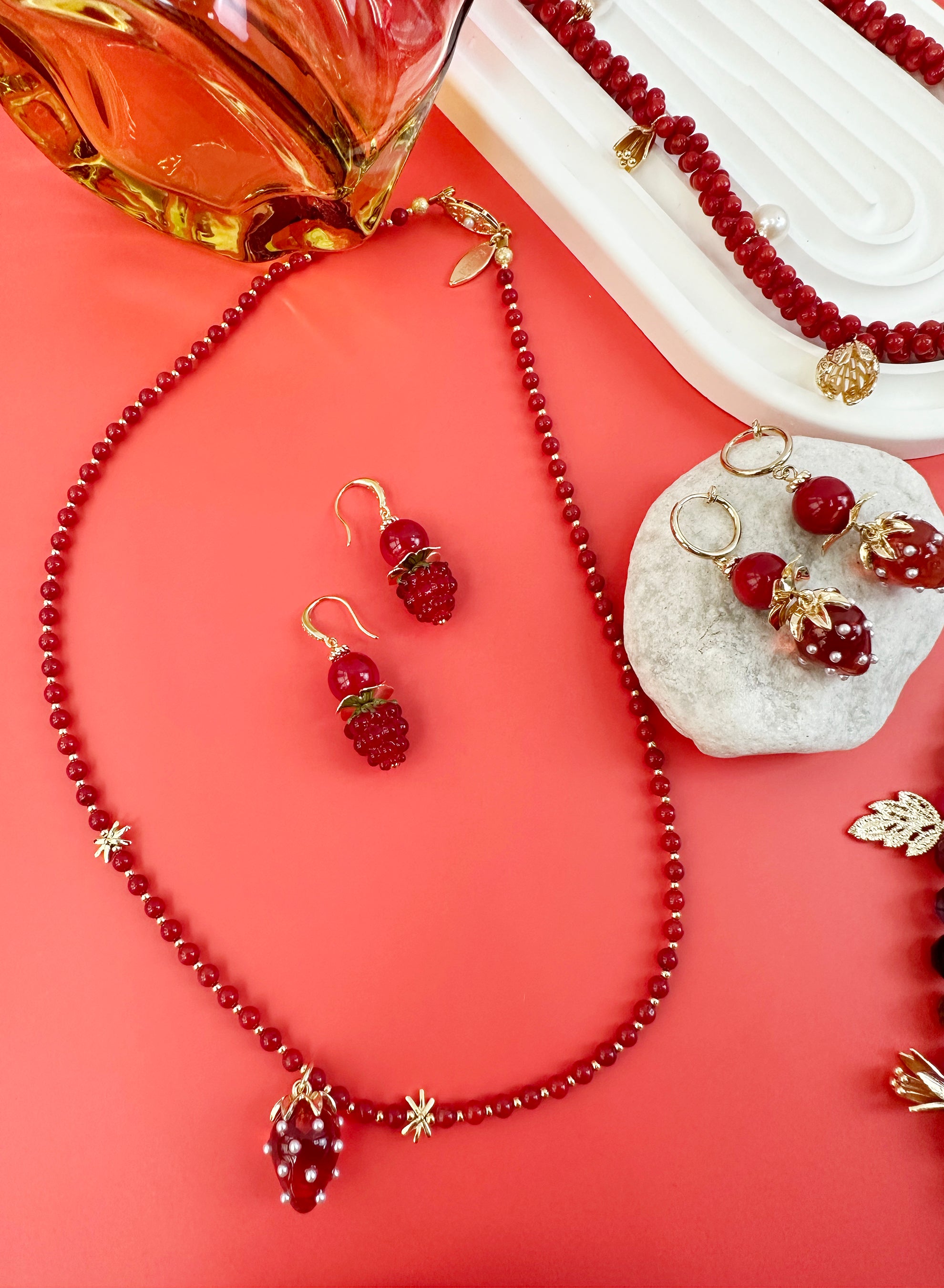 Red Coral and Strawberry Pendant Necklace JN005 - Elegant Jewelry Gift for Women, Perfect for Valentine's Day, Anniversary and Special Occasions
