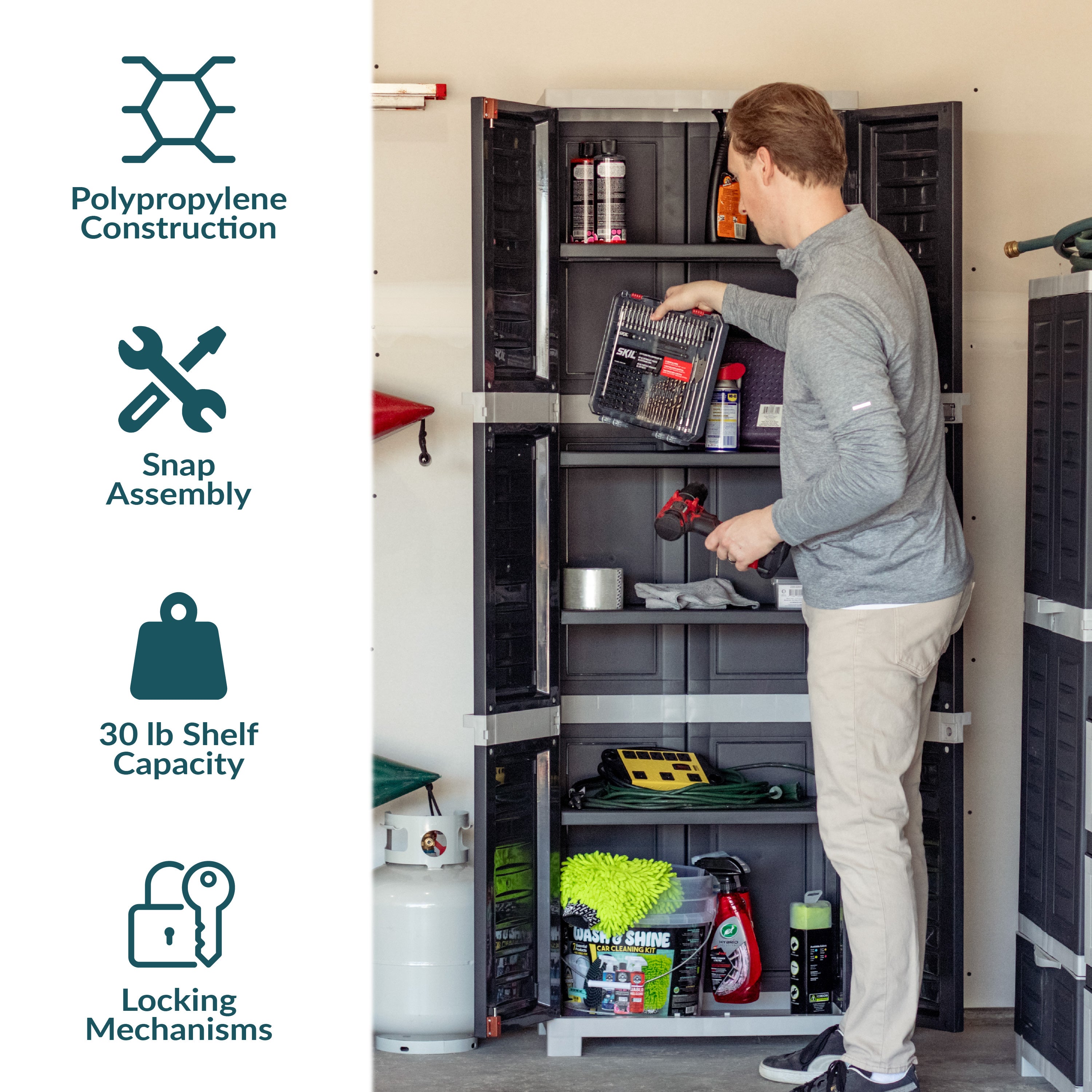 Sunnydaze 4-Shelf Plastic Lockable Storage Cabinet - 72 Inch Heavy Duty Utility Organizer for Garage, Shed, or Outdoor Storage | Weather-Resistant & Secure Shelving Unit