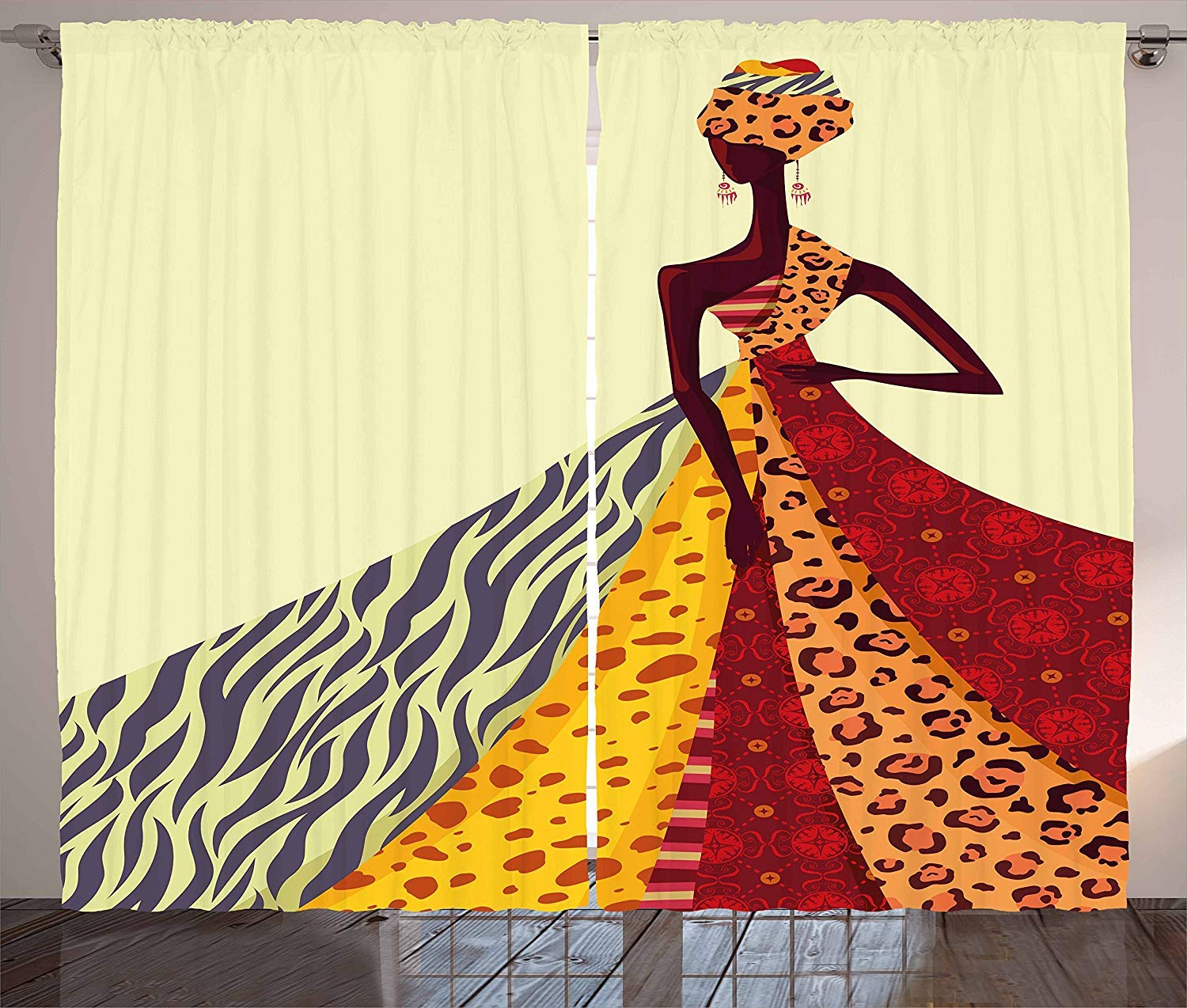 Modern African Print Bedroom Curtains - 2 Panel Darkening Window Drapes with Unique Girl & Dress Design for Bedroom & Kitchen Decor - 80