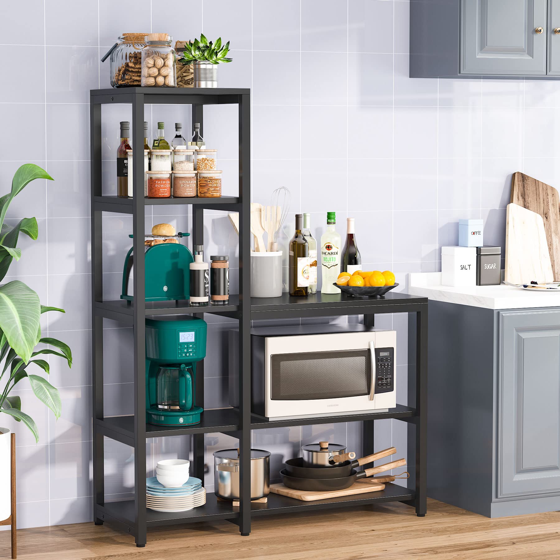 Tribesigns 5-Tier Black Kitchen Bakers Rack with Utility Storage Shelf, Freestanding Microwave Oven Stand & Spice Rack Organizer for Small Spaces, Pantry, and Apartment Kitchen