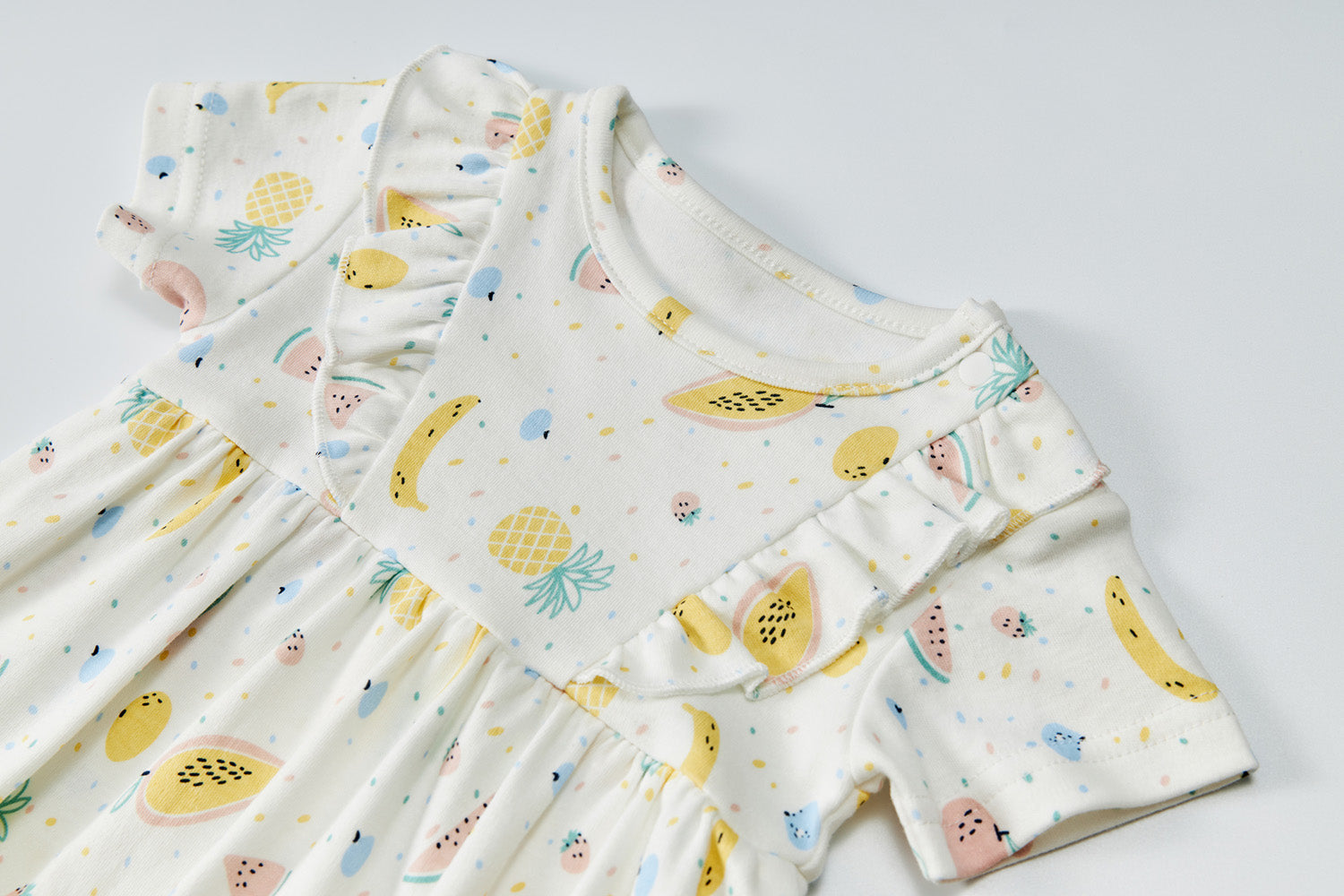 Baby Girls' Short Sleeve Ruffled Bodysuit Dress - White with Fruit Print | Cute Outfit for Playdates, Parties & Photo Shoots