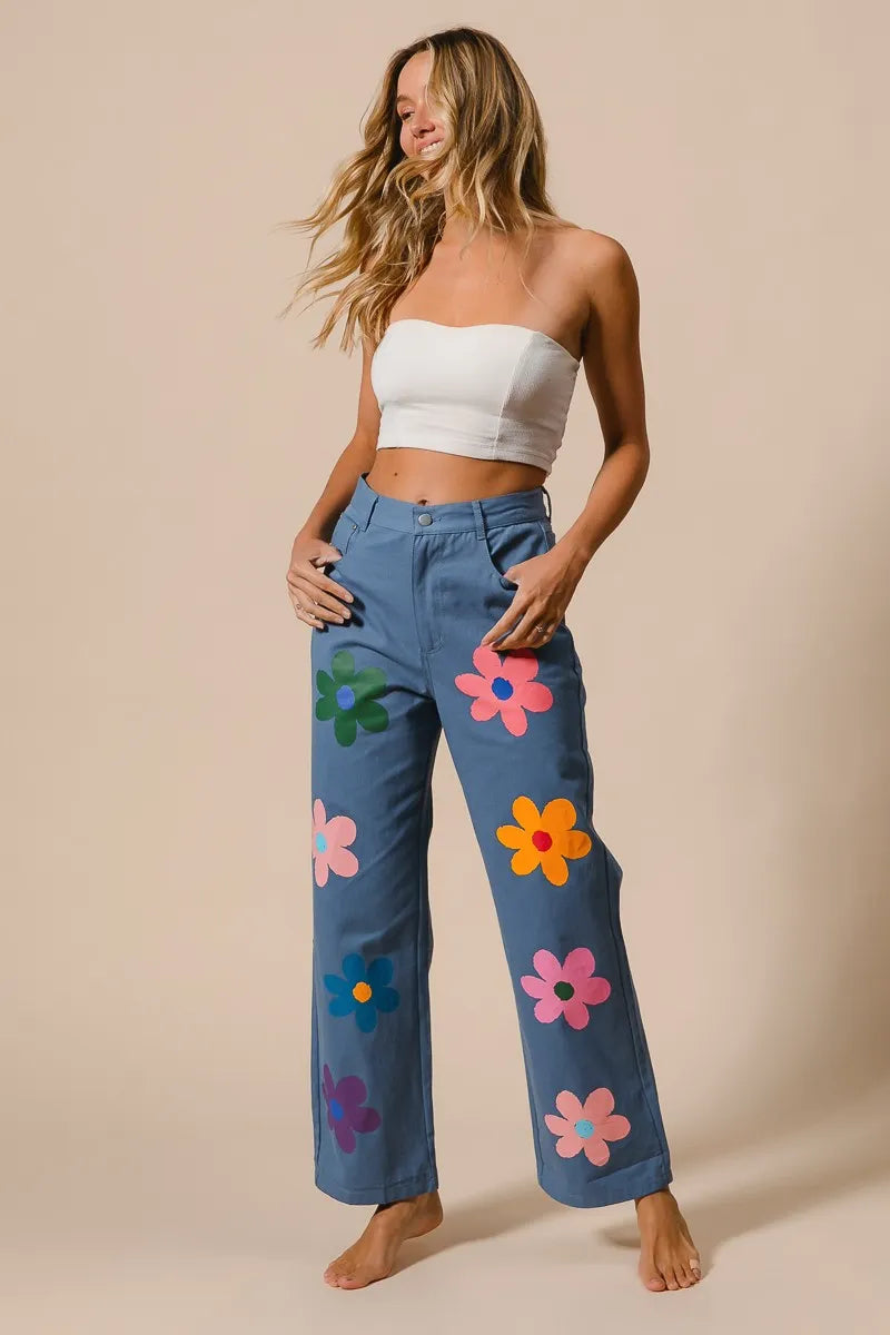 BiBi Floral Print Straight Leg Pants for Women - Casual & Comfortable Trousers for Everyday Wear, Office, and Outings