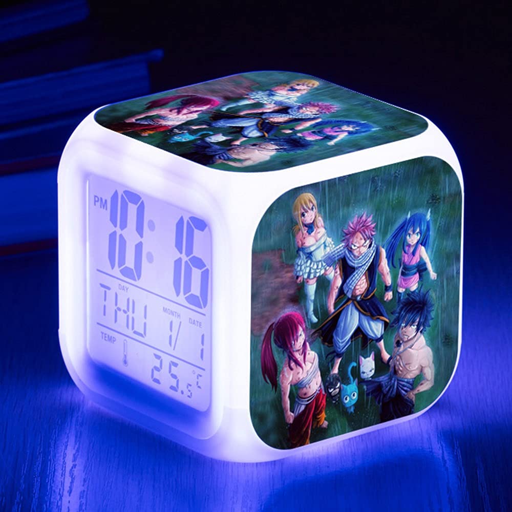 Fairy Tail Anime Alarm Clock - Jellal Fernandes & Erza Scarlet LED Digital Clock with Temperature & Calendar Display, Mini Square Desk Clock for Kids, Teens, Adults - Perfect for Bedroom, Office, and Anime Fan Collections