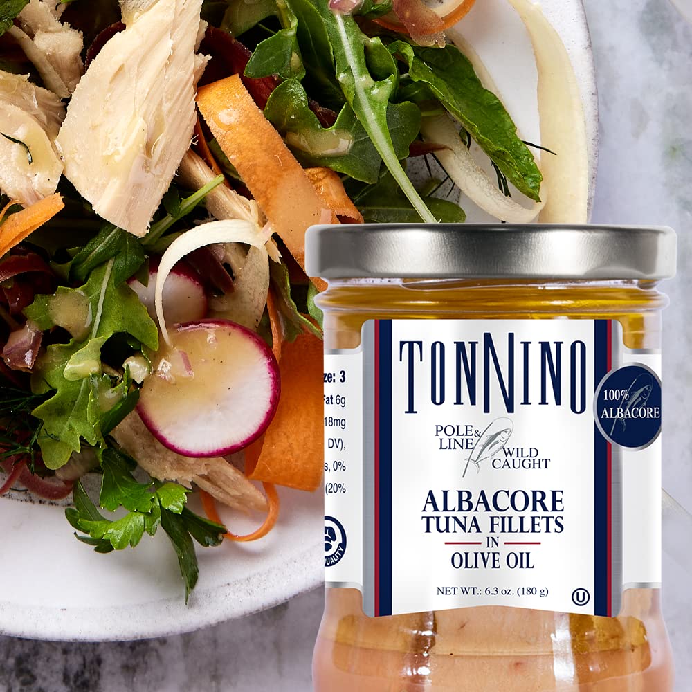Tonnino Albacore Tuna in Olive Oil 6.3oz (6-Pack) | High Protein, Omega-3 Rich, Gluten-Free & Kosher | Ready-to-Eat Tuna Packets for Salads, Sandwiches & Healthy Meals | Sustainable Pole & Line Caught | Perfect for Keto, Paleo & On-the-Go Lunches