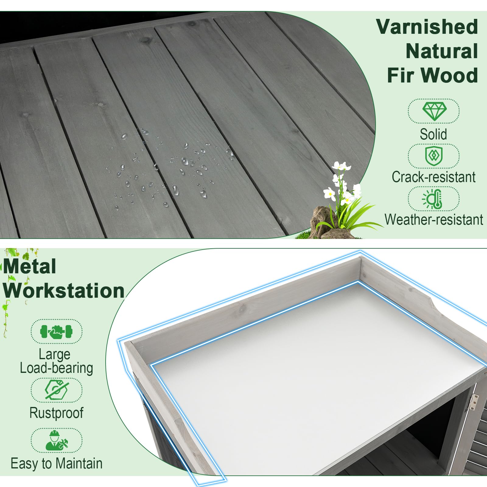**AFSTAR Outdoor Potting Bench with Metal Tabletop & 2 Storage Shelves – Waterproof Garden Tool Shed, Wooden Potting Table for Patio & Backyard – Grey | Perfect for Gardening, DIY Projects & Outdoor Storage**