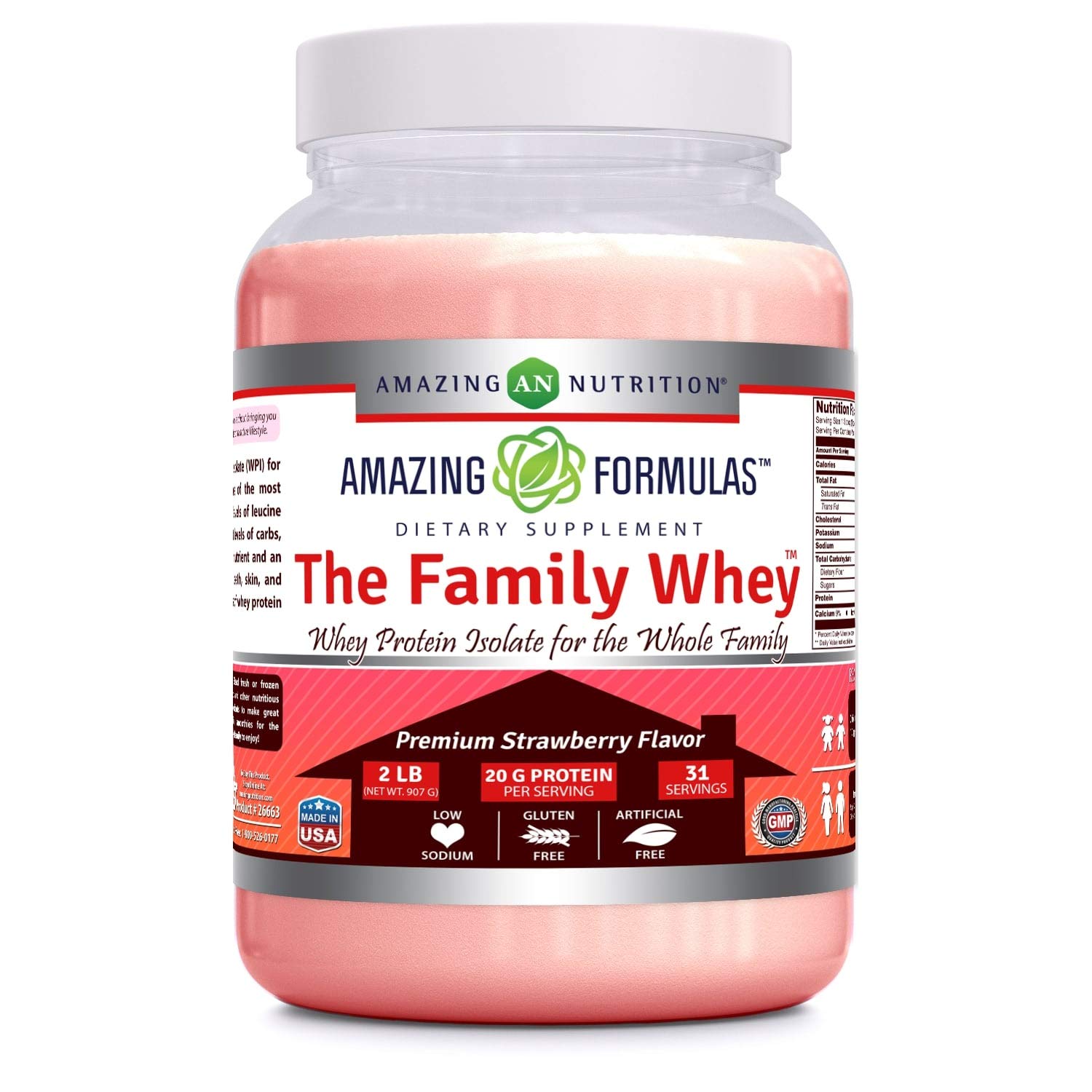 Amazing Formulas The Family Whey Protein Isolate Powder - 2 lbs - Gluten Free, Pure & Complete Protein Supplement for Adults & Kids - Great for Post-Workout Recovery, Muscle Growth & Healthy Nutrition (Strawberry Flavor)