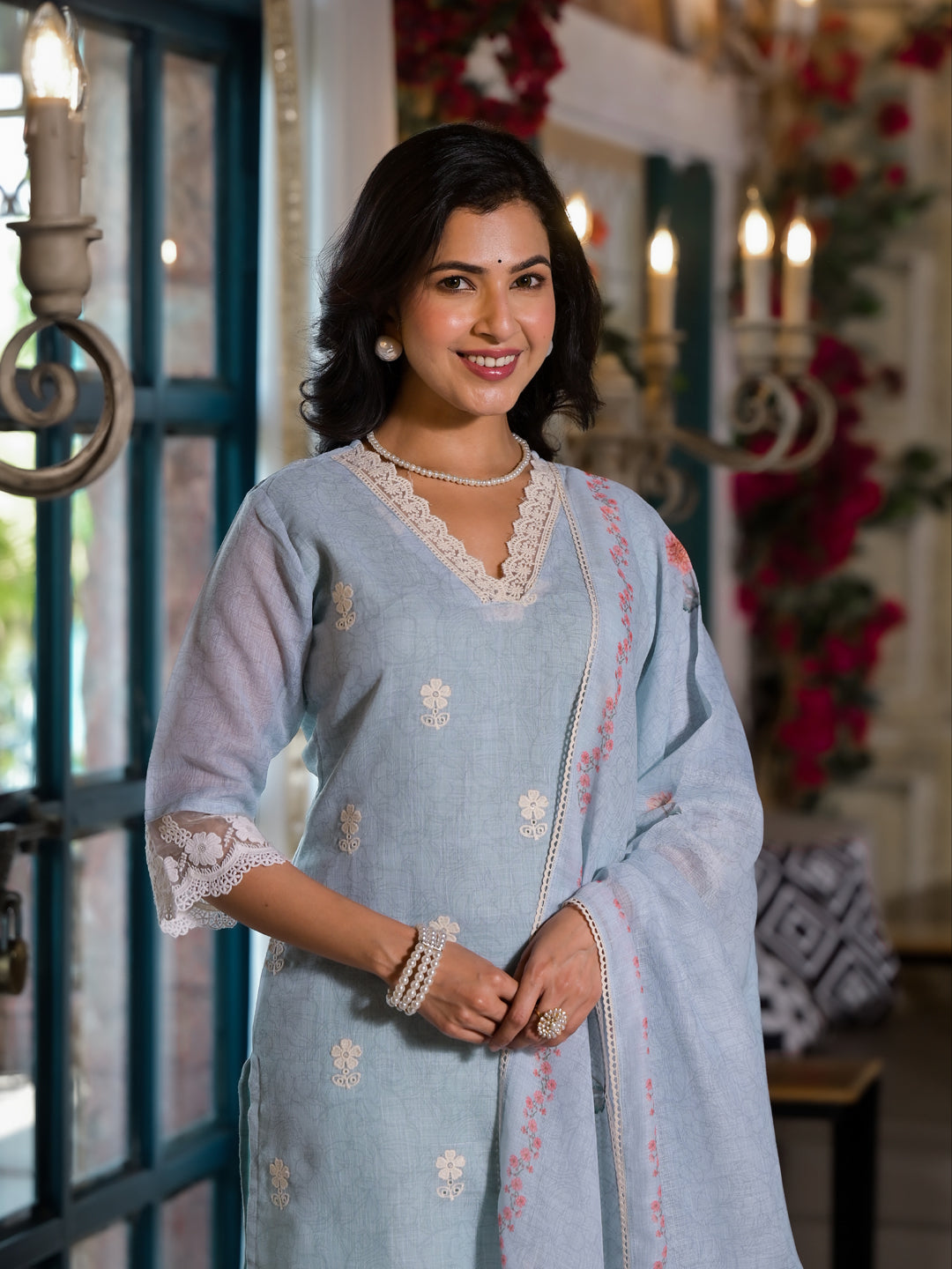 Stylish Blue Linen Pant Suit for Women - Digital Printed Designer Outfit - Perfect for Office Wear, Business Meetings & Formal Events
