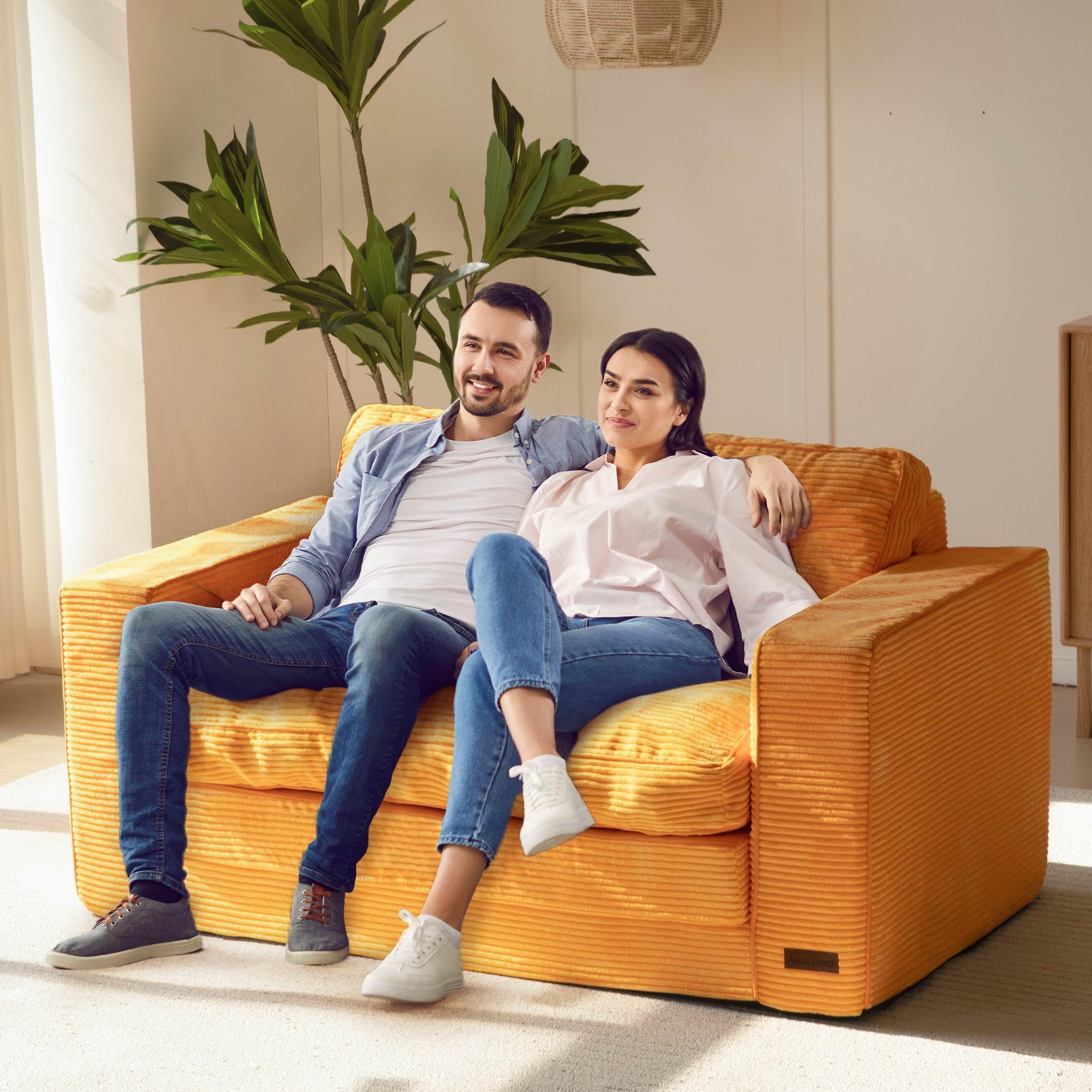 MAXYOYO Convertible Sofa Bed - Pull Out Loveseat Sleeper Sofa with Storage, Orange | Space Saving Multi-Functional Furniture for Small Apartments, Guest Rooms & Home Offices