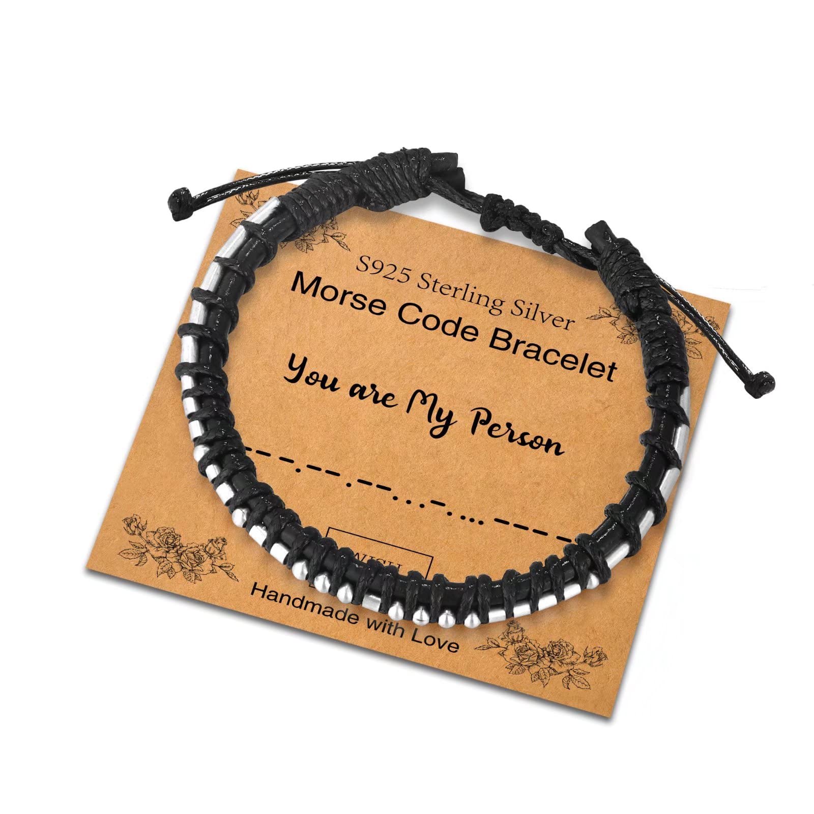 Adjustable Sterling Silver Morse Code Bracelet for Women & Men - Inspirational Leather Friendship Jewelry Gift for Birthday, Anniversary & Everyday Wear