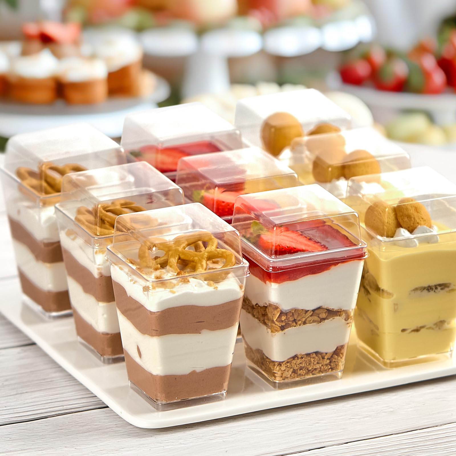 50 Pack 5 oz Clear Plastic Dessert Cups with Lids & Spoons - Square Mini Parfait Containers for Yogurt, Pudding, Ice Cream, Fruit & Appetizers - Perfect for Parties, Catering & Home Dessert Serving