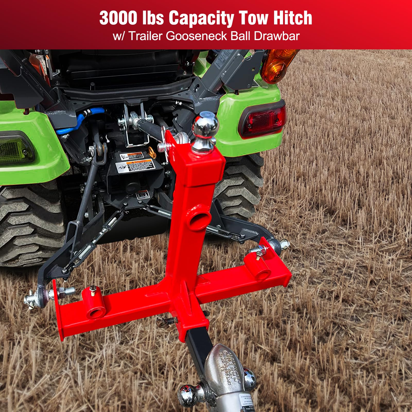 GARVEE 3000lbs 3-Point Gooseneck Trailer Hitch - 2 Inch Receiver for Category 1 Tractors - Heavy Duty Towing for Farm Equipment, Livestock Trailers & Agricultural Implements