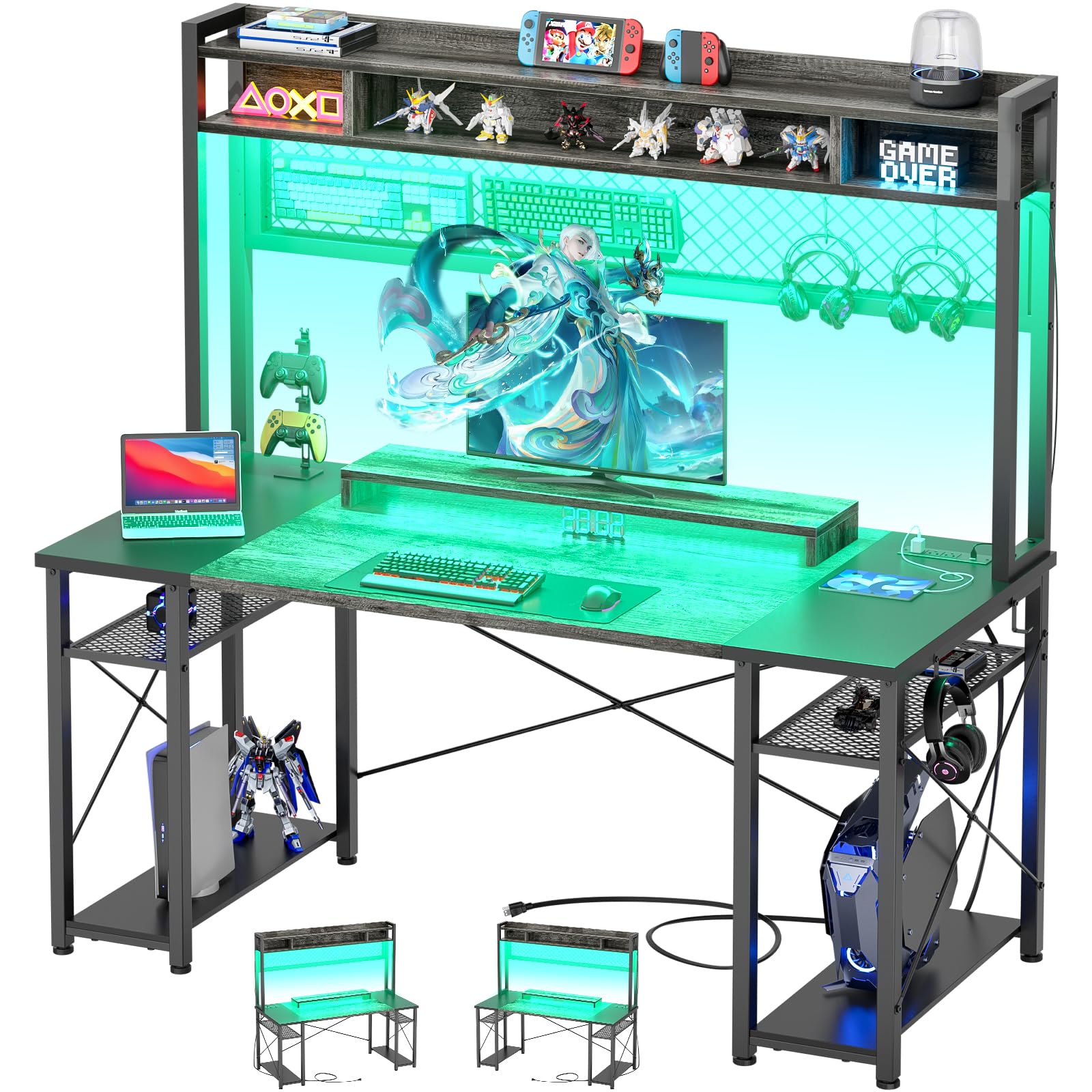 iSunirm 48 Inch Gaming Desk with Hutch - Large LED Computer Desk with Charging Station, Power Outlet & Storage | Home Office Desk with Pegboard & Monitor Stand | Perfect for PC Gaming, Streaming & Work Setup (Grey)