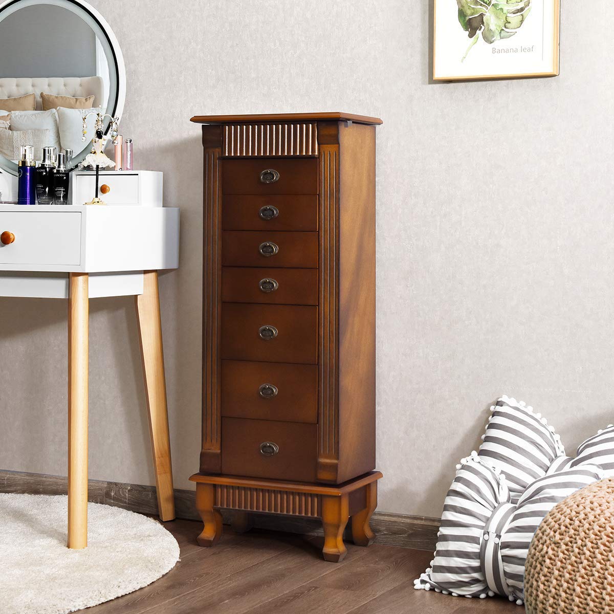 Large Standing Jewelry Armoire Cabinet with 7 Drawers & 2 Doors - Full-Length Mirror, 12 Necklace Hooks & Top Storage Organizer for Jewelry, Makeup & Accessories - Perfect for Bedroom, Dressing Room & Closet Organization