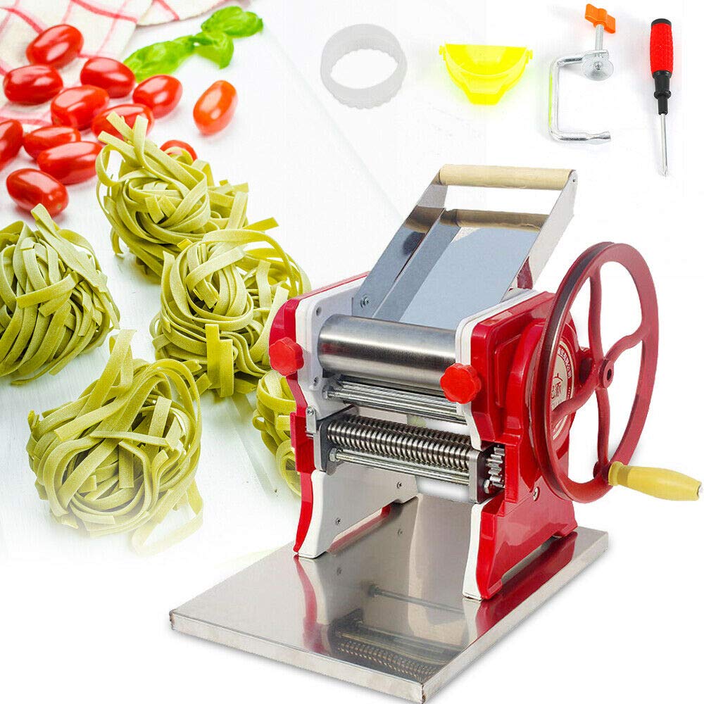 Stainless Steel Manual Pasta Maker Machine - Hand Crank Fresh Homemade Noodle Maker for Wide Noodles, Fine Noodles, Lasagna & Dumpling Skins | Durable Pasta Cutter for Italian Cuisine, Family Cooking & Restaurant Use (Red)