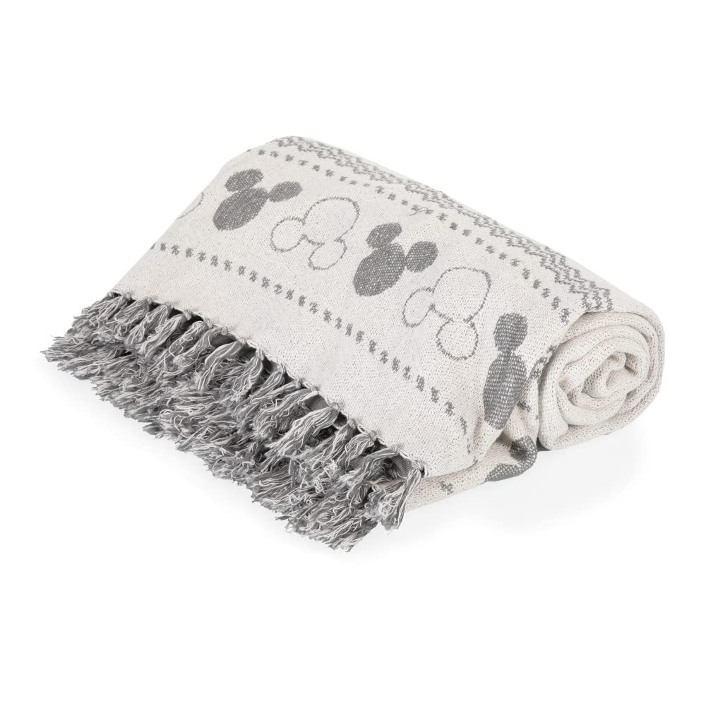 **Disney Mickey Mouse Farmhouse Picnic Blanket - Woven Waterproof Outdoor Blanket for Beach, Park & Camping - White with Gray Accents**