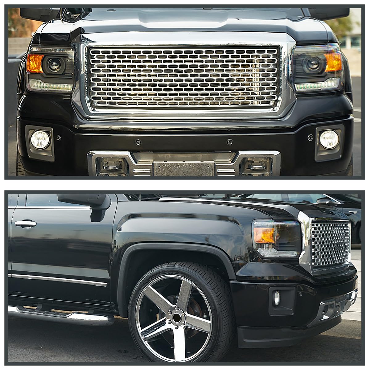 Spec-D Tuning Black Projector Headlights with LED Strip for 2014-2015 GMC Sierra 1500/2500/3500 (Base/Denali/SLE/SLT) - Left & Right Pair Headlamp Assembly - Upgrade Your Truck's Style & Night Visibility