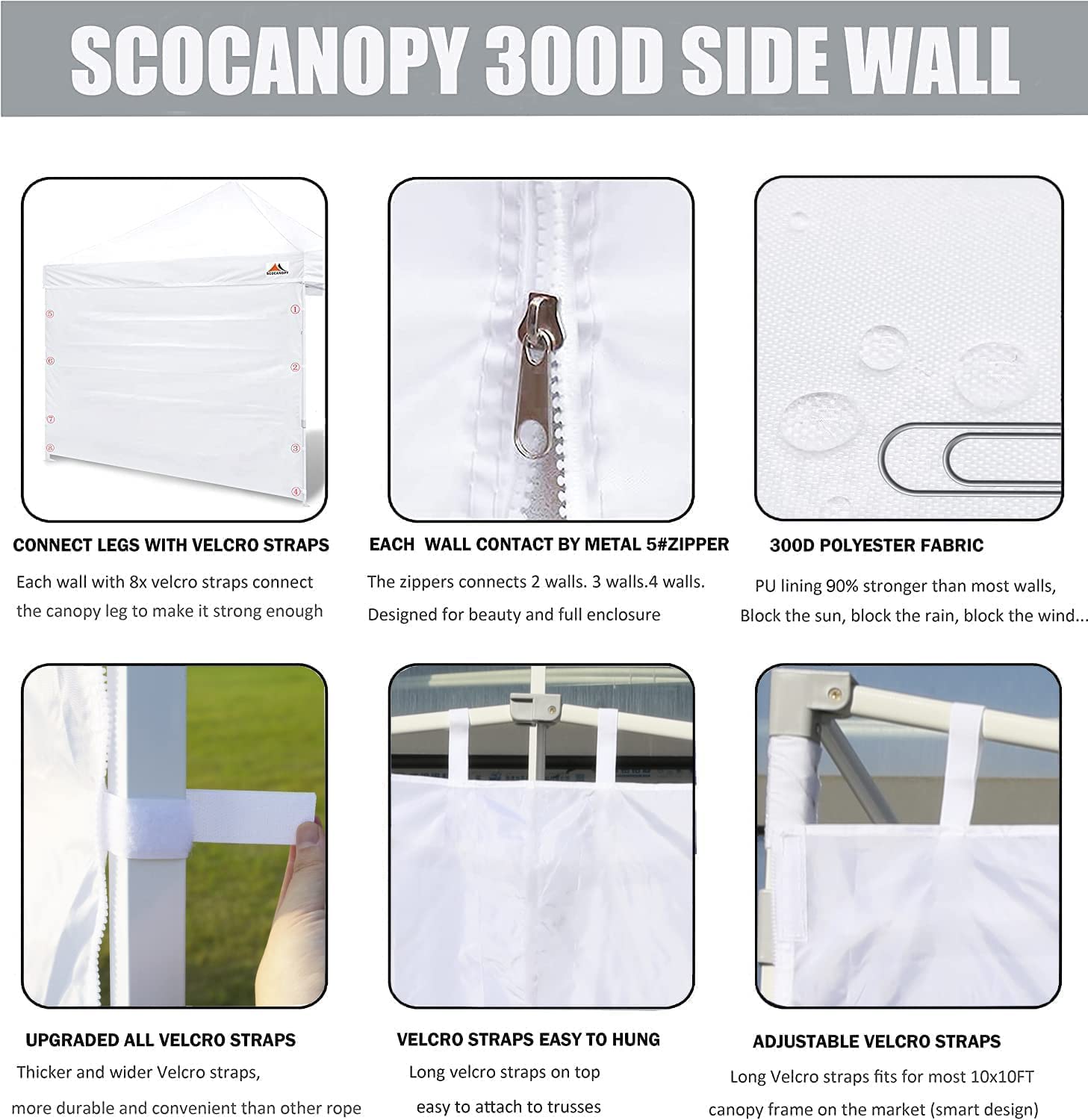 SCOCANOPY Side Wall for 10x10 Pop Up Canopy Frame - 1 Pack White SunWall for Outdoor Events, Parties & Beach Protection