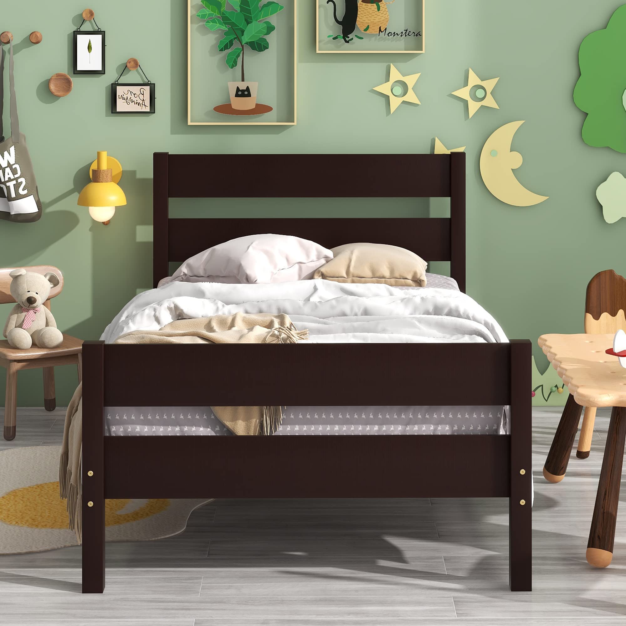 Twin Size Wood Platform Bed with Headboard and Footboard - Sturdy Wooden Slat Support - Easy Assembly Bedroom Furniture (Espresso) | Perfect for Small Spaces, Guest Rooms & Dormitories