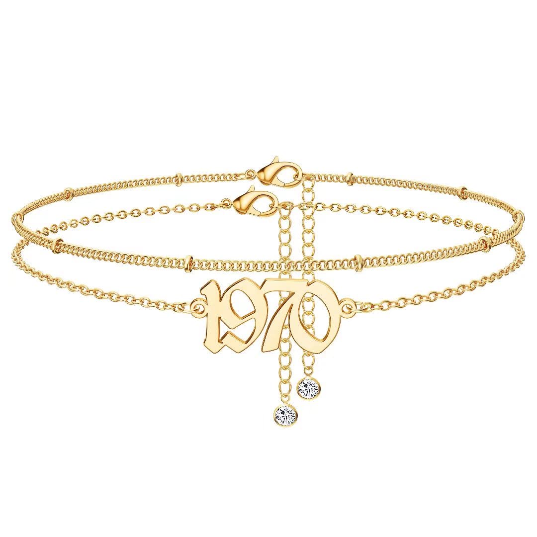 14K Gold Plated Birth Year Anklet - Women's Dainty Ankle Bracelet for Beach & Birthday Gifts