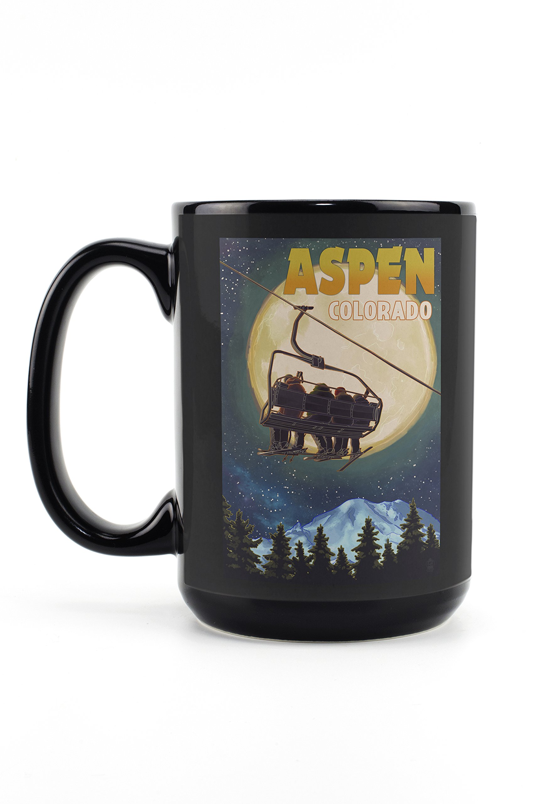 Aspen Colorado Ski Lift & Full Moon 15oz Black Ceramic Coffee Mug - Microwave & Dishwasher Safe - Perfect for Hot Drinks, Office Use & Mountain Cabin Decor