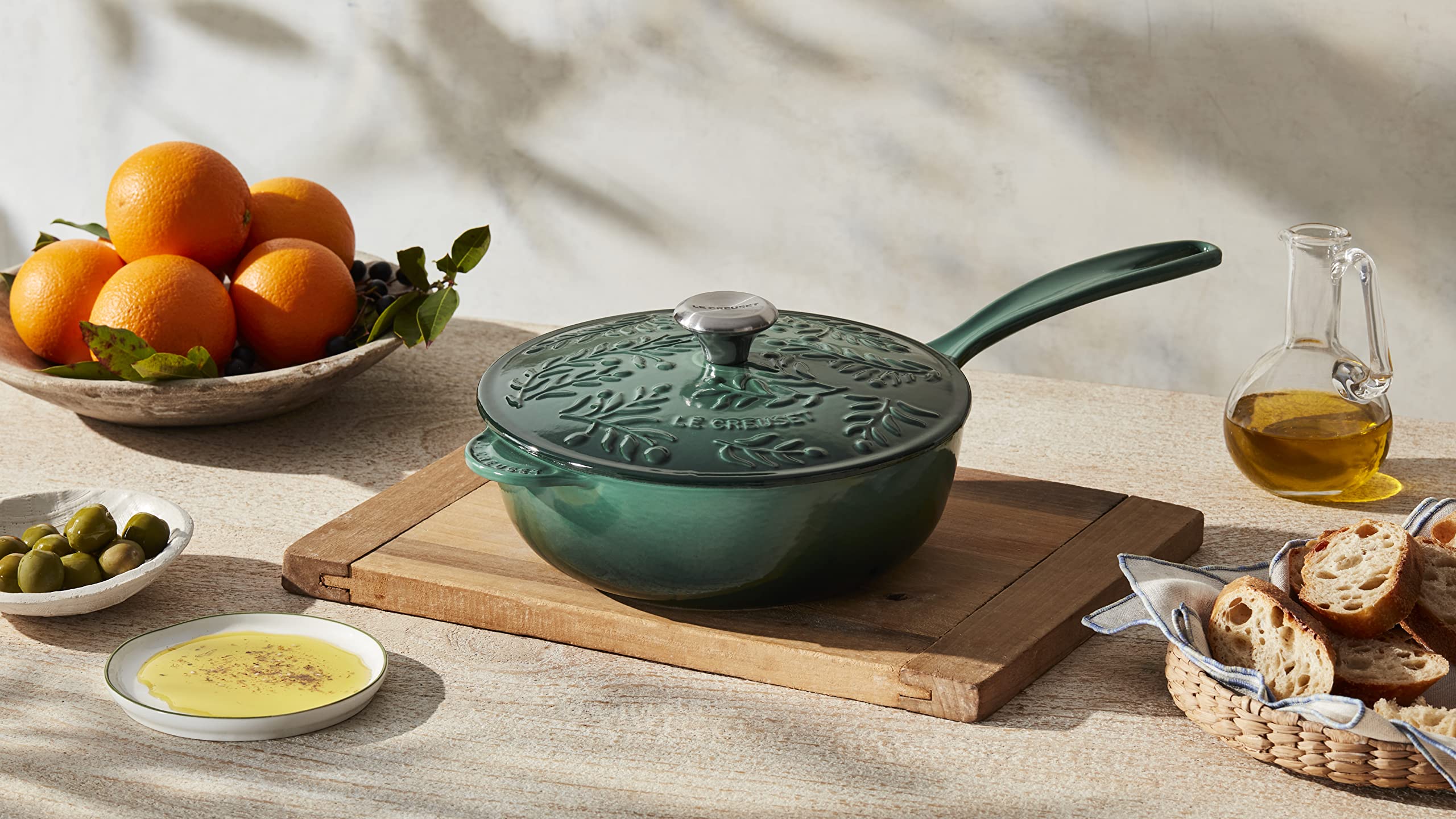 Le Creuset Olive Branch 2.25 Qt Cast Iron Round Saucier Pan - Traditional French Oven for Braising, Simmering & Serving - Perfect for Home Cooking & Gourmet Recipes