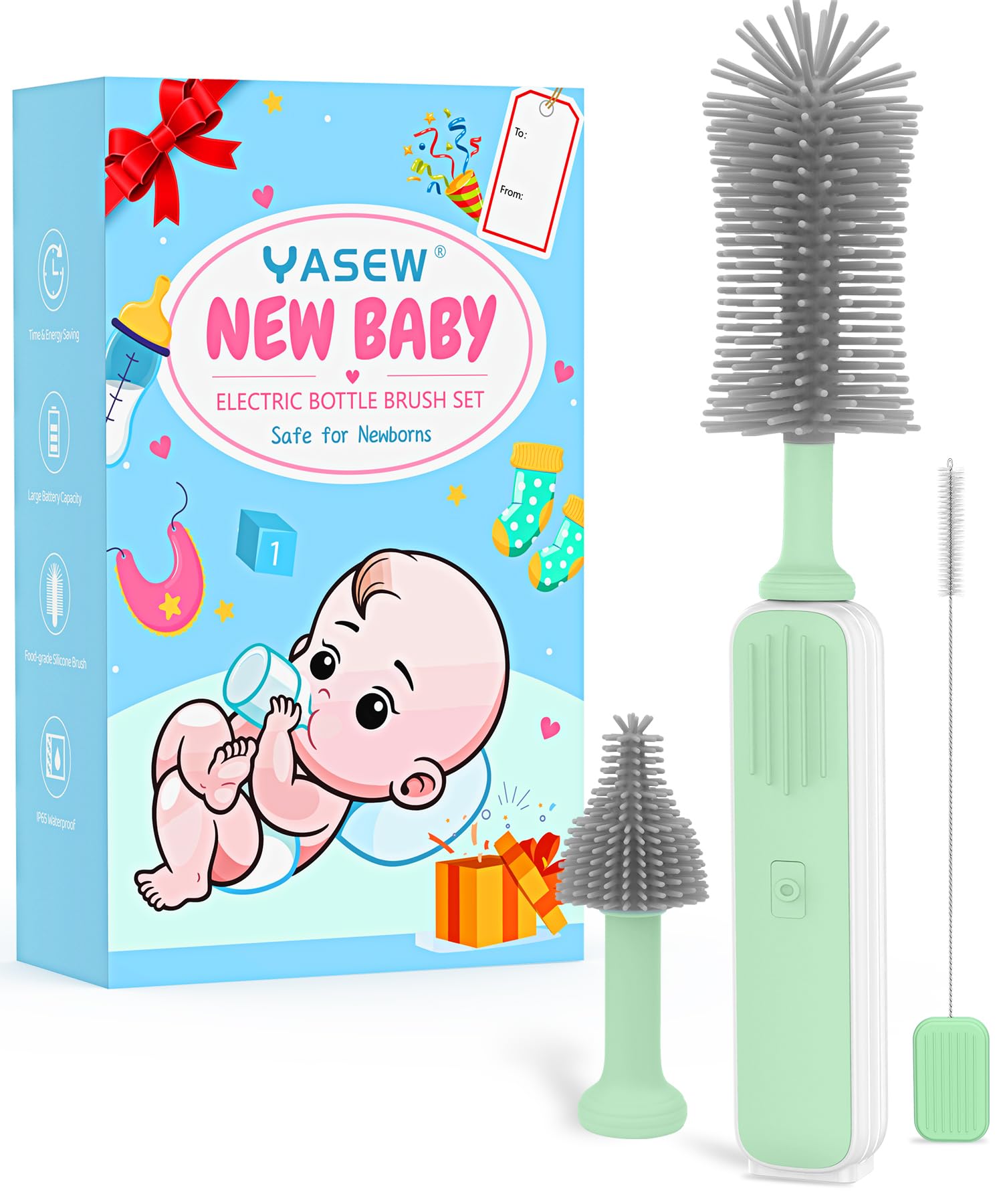 Electric Bottle Brush Cleaner Set - 360° Efficient Cleaning with 2000mAh Long-Lasting Battery | Includes Nipple & Straw Brushes | Perfect Newborn Essentials Gift for Baby Boys & Girls (Green) | Ideal for Cleaning Baby Bottles, Sippy Cups, and Breast Pump Parts