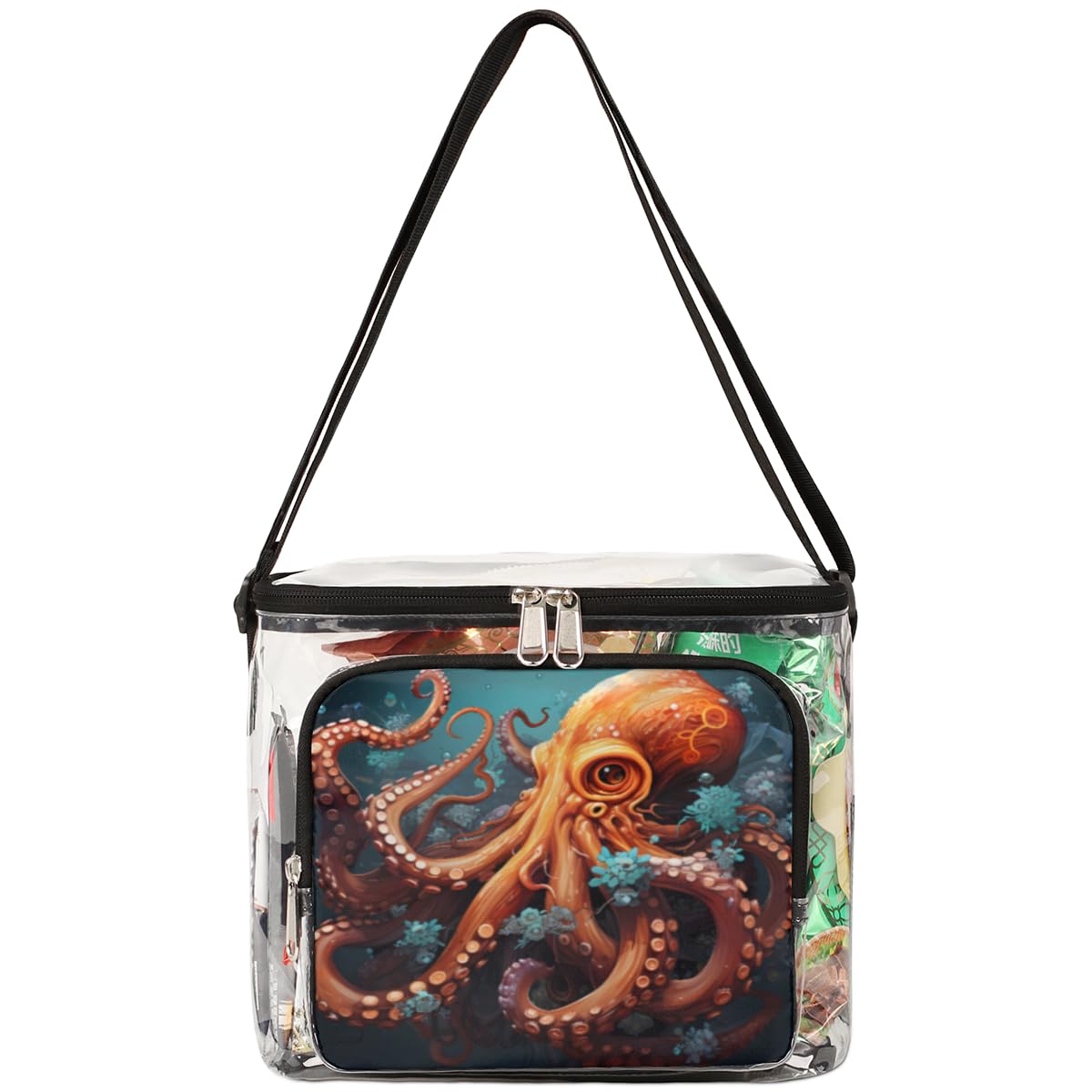 GzLeyigou Orange Octopus Transparent Tote Bag with Handles - Clear Crossbody Shoulder Bag for Lunch, Outdoor Activities, Travel, Picnics, Concerts & Sports Events | Stadium Approved Multipurpose Purse - Perfect for Beach Days, Music Festivals and Theme Park Adventures