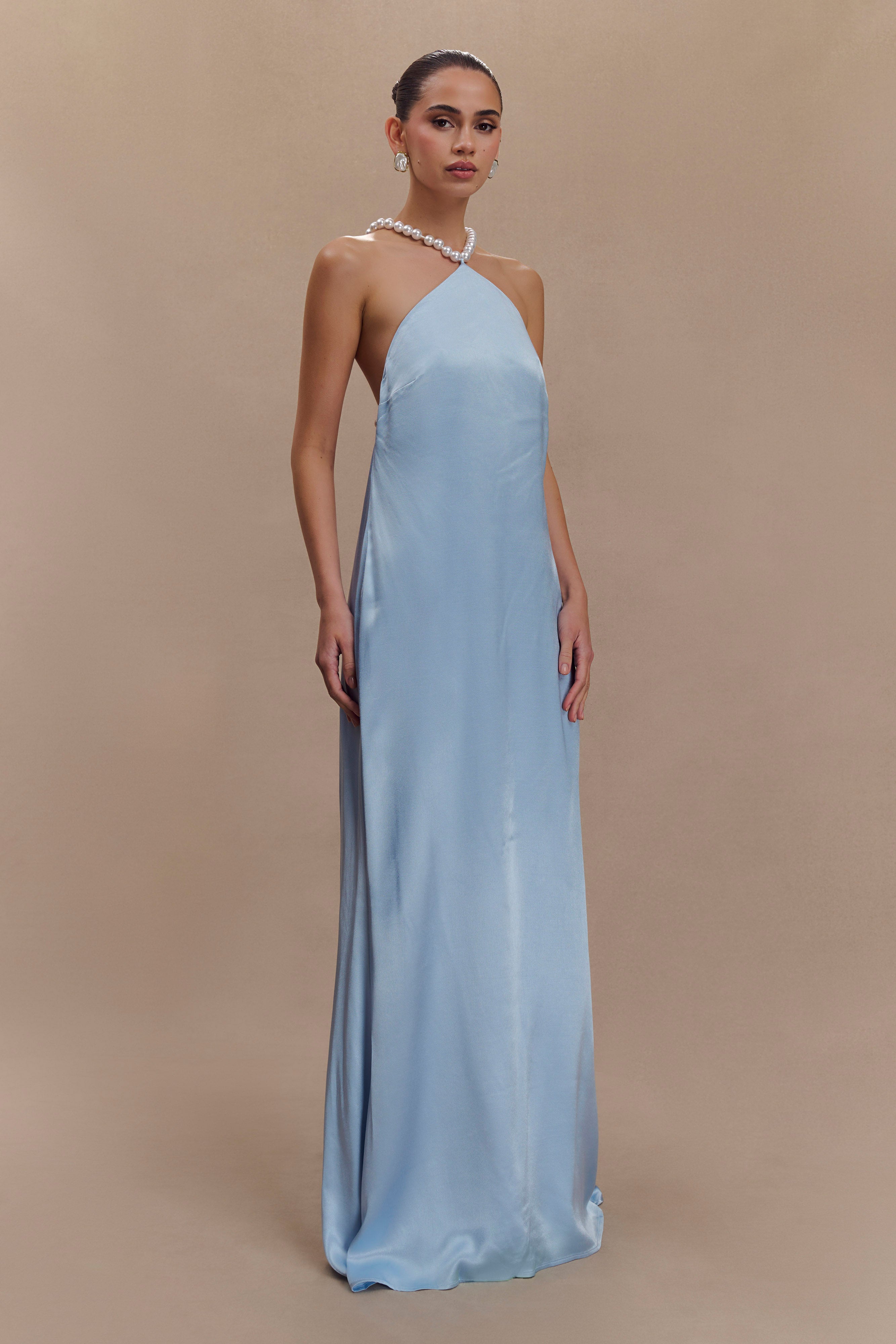 Elegant Blanche Satin Pearl Halter Maxi Dress in Cornflower Blue - Perfect for Weddings, Parties & Special Occasions