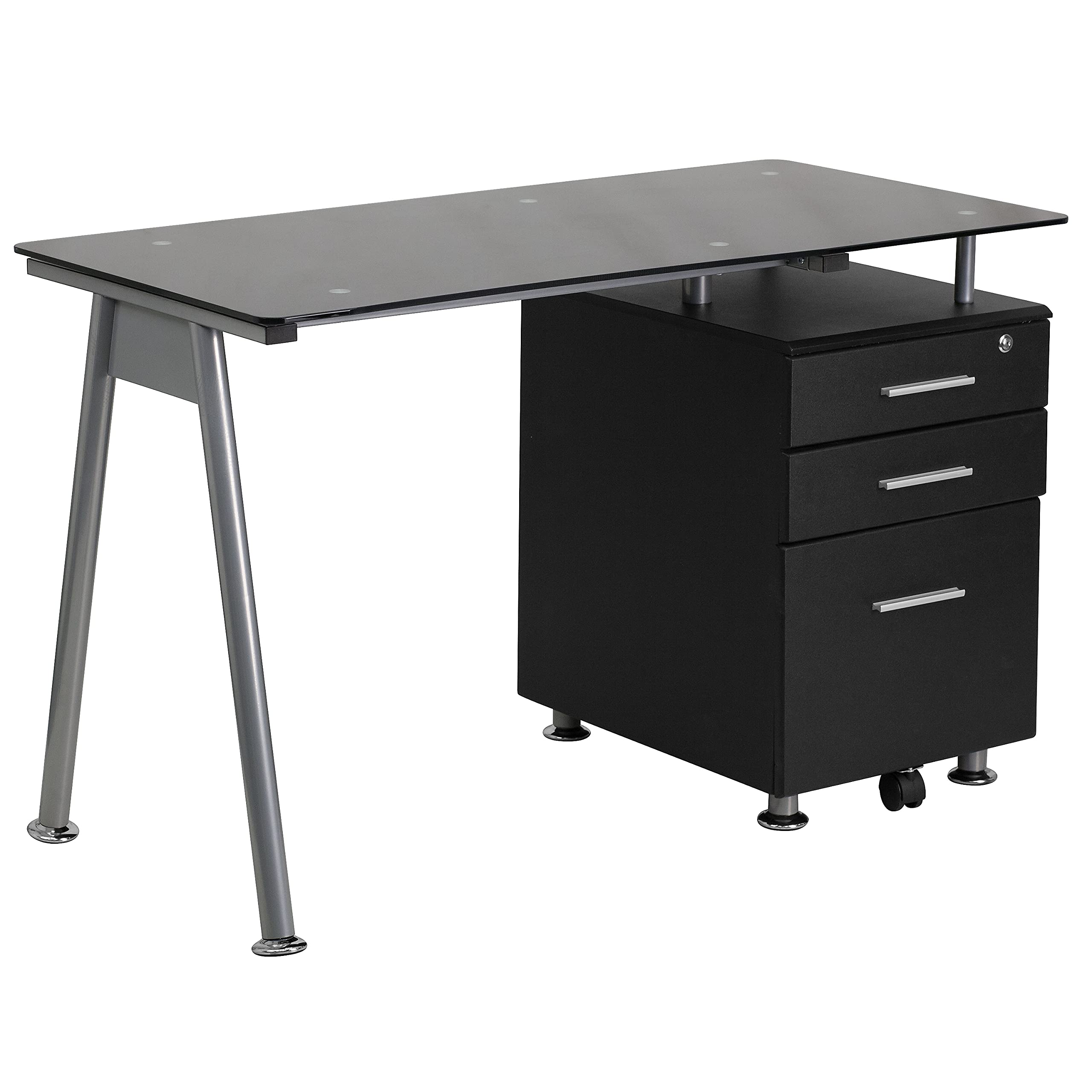 Flash Furniture Singleton Black Glass Computer Desk with Three Drawer Pedestal - Modern Home Office Desk for Work, Study & Gaming - Compact Writing Table for Small Spaces & Apartments