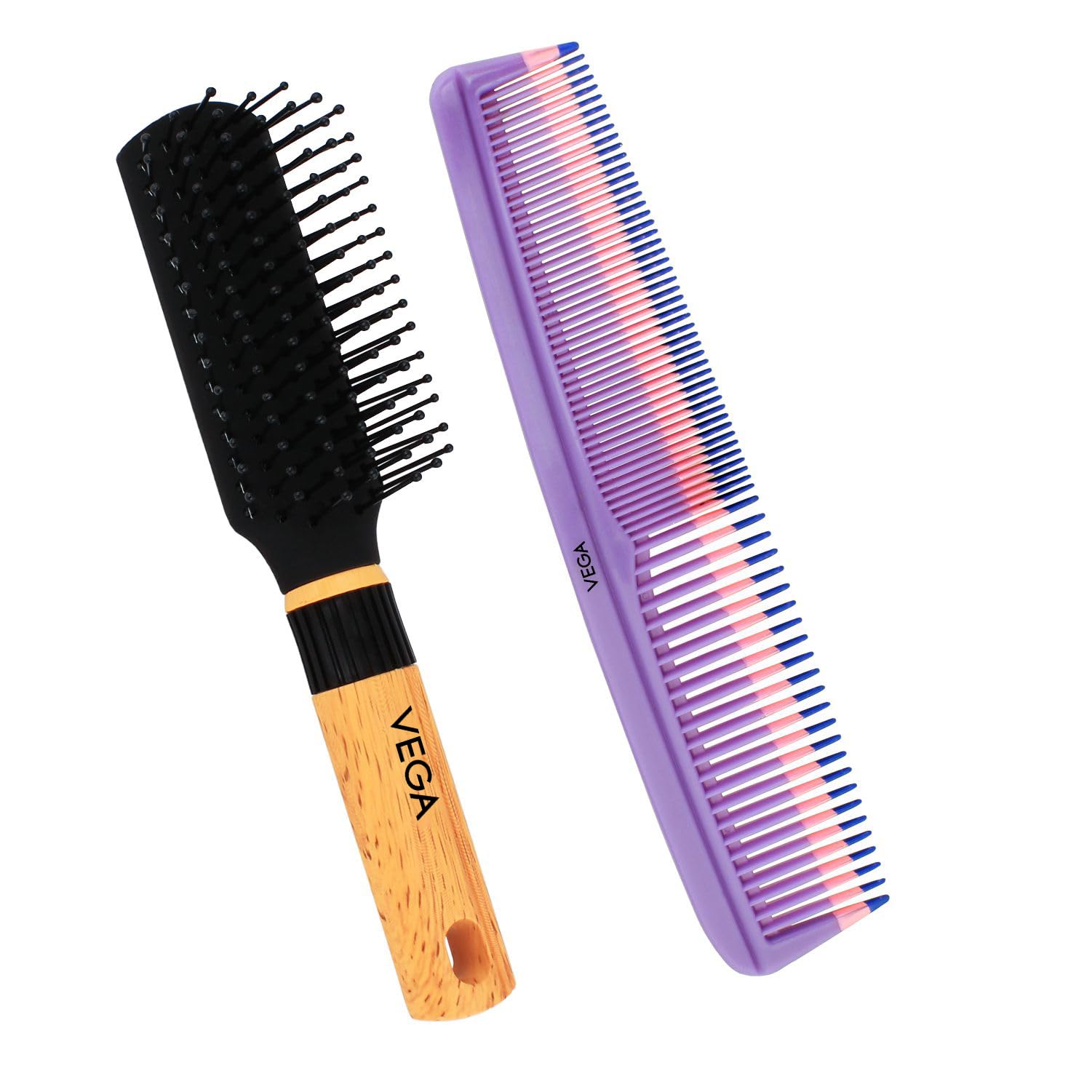 Vega Flat Hair Brush & Comb Set for Men & Women - 2 Piece Styling Kit (VCP-08) | India's Top Hair Brush Brand | Perfect for Daily Styling, Detangling & Salon-Quality Results at Home