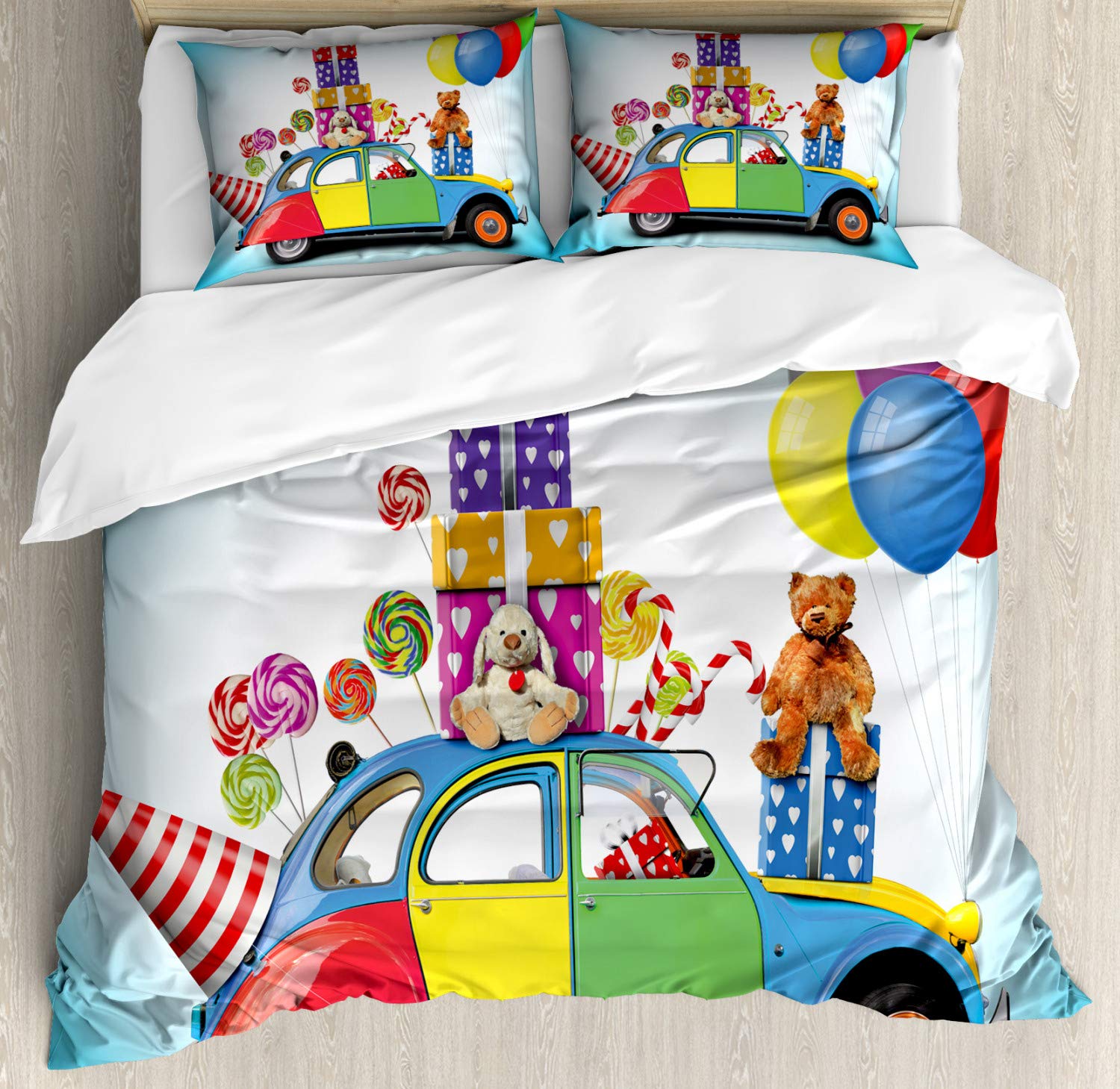 Ambesonne Colorful Birthday Duvet Cover Set with Cars, Presents & Balloons - 3 Piece Queen Size Bedding Set with 2 Pillow Shams | Perfect for Kids' Rooms, Birthday Parties & Festive Home Decor