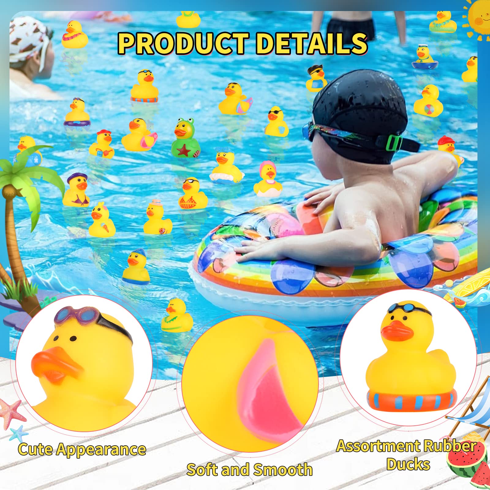 24 Pack Assorted Summer Rubber Duckies - Bulk Beach Party Favors, Pool Toys & Baby Bath Toys for Kids | Perfect for Summer Holidays, Classroom Prizes, and Fun Water Games