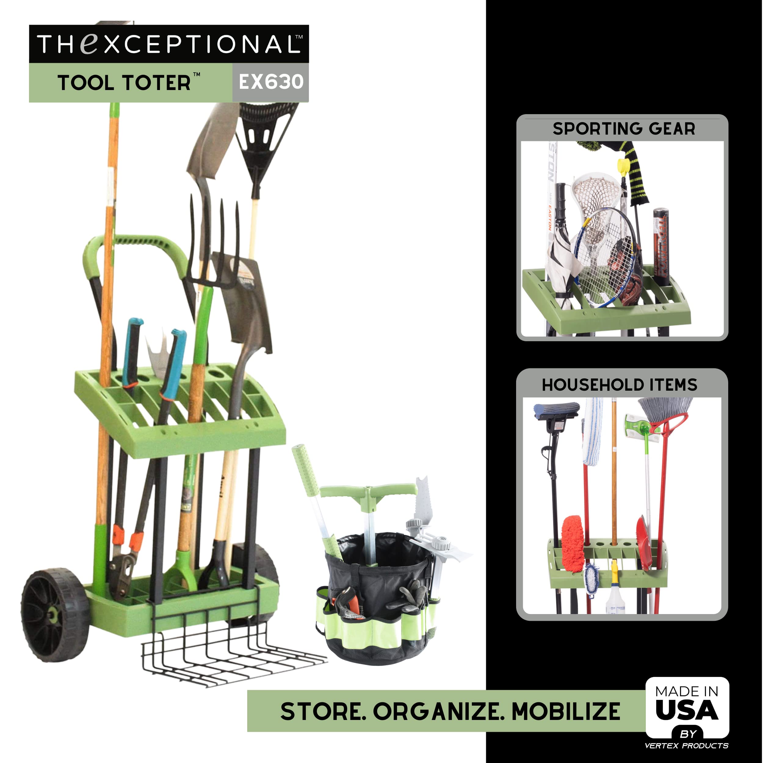 Vertex EX630 Rolling Tool Cart with Load Toter Lift Plate - Heavy Duty Garden Utility Wagon for Rakes, Shovels & Hoes - Mobile Storage & Organization Solution for Gardeners, Landscapers & DIYers - Perfect for Yard Work, Farm Use & Outdoor Projects - Made in USA