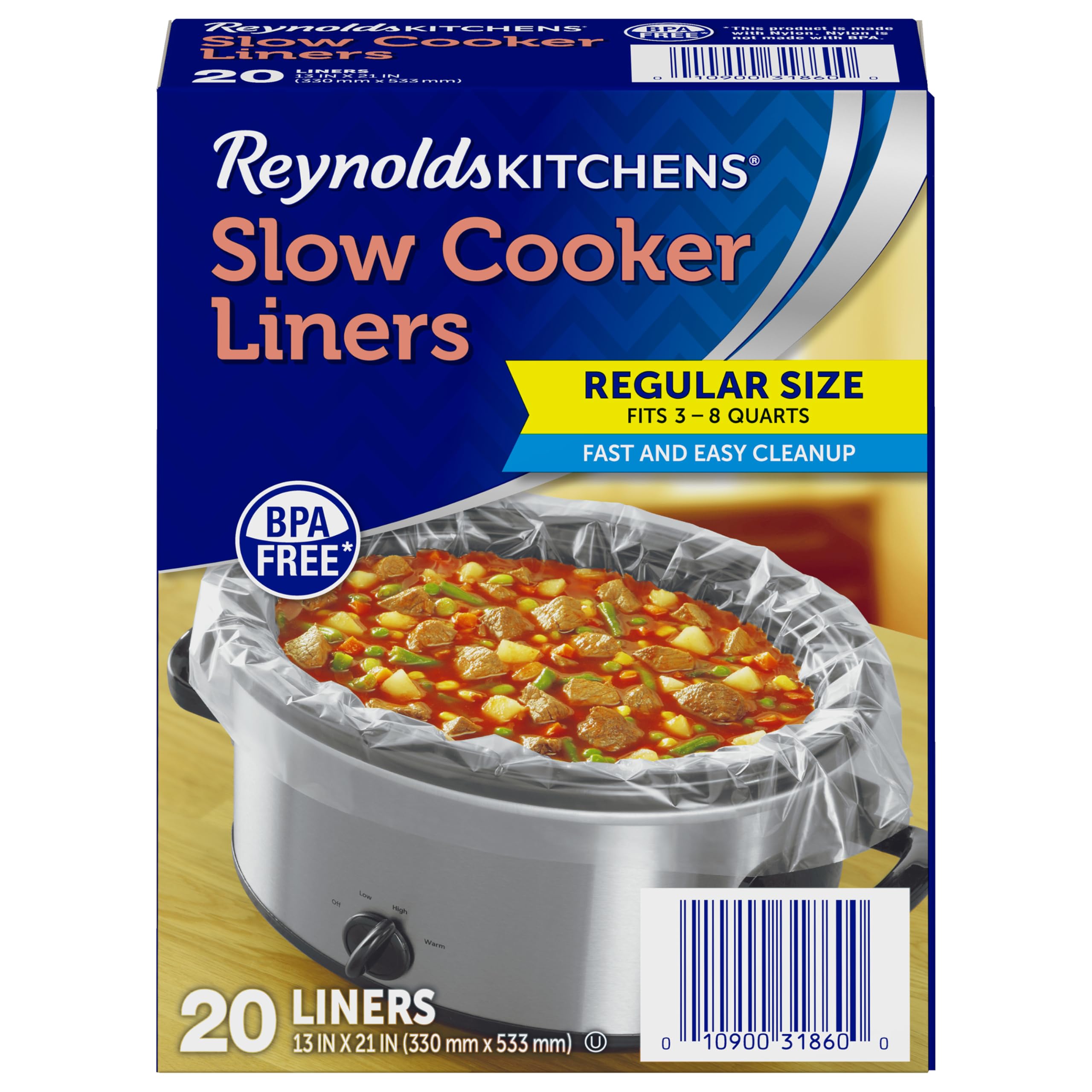Reynolds Kitchens Slow Cooker Liners - 20 Pack (Fits 3-8 Quart Crock Pots) | Disposable Cooking Bags for Easy Cleanup | Perfect for Stews, Soups & Potlucks