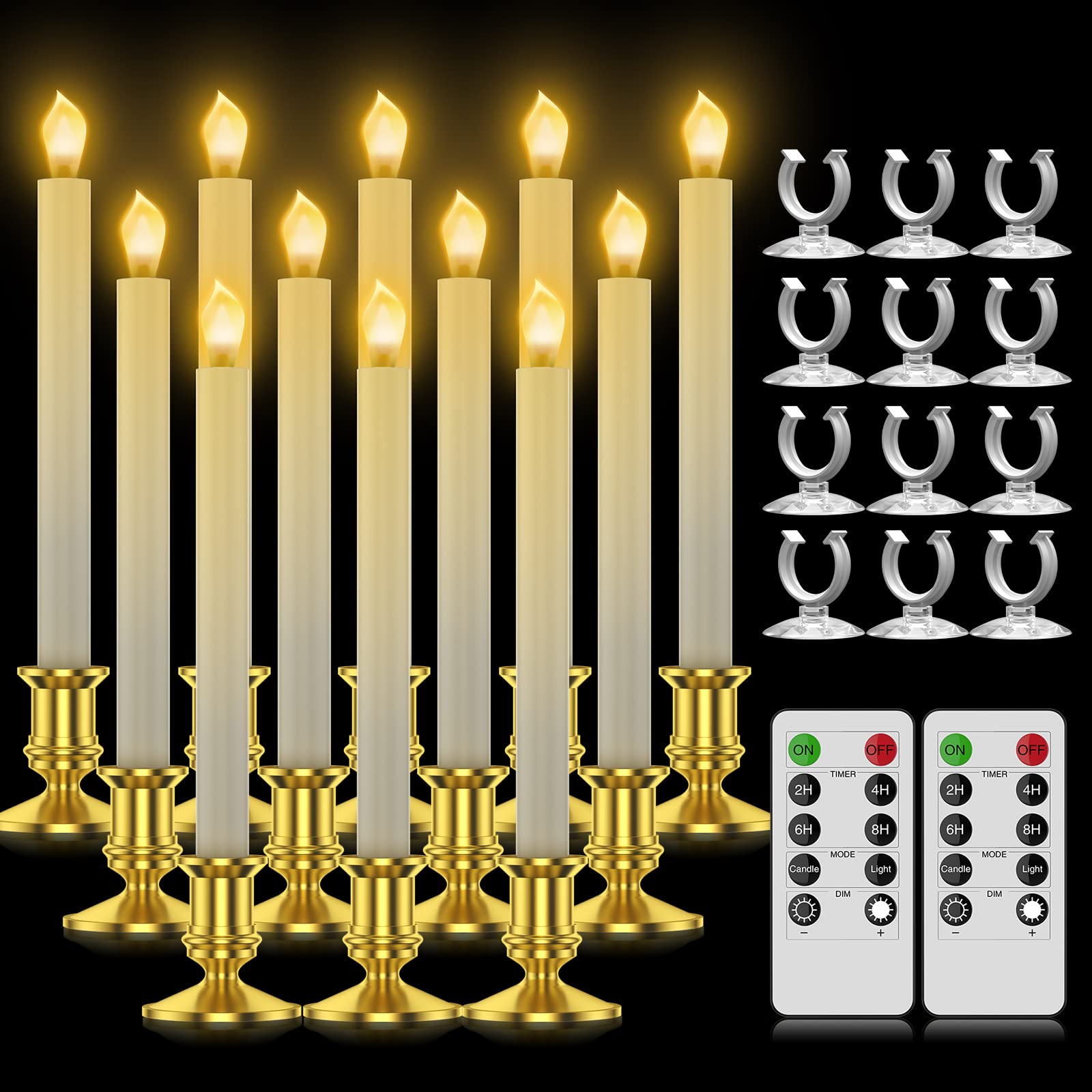 RONXS LED Window Candles with Timer - Battery Operated Flameless Flickering Candles for Christmas Decorations - Includes 2 Remote Controls & 12 Gold Candle Holders - Perfect for Holiday Home Decor, Winter Weddings, and Cozy Ambiance Lighting