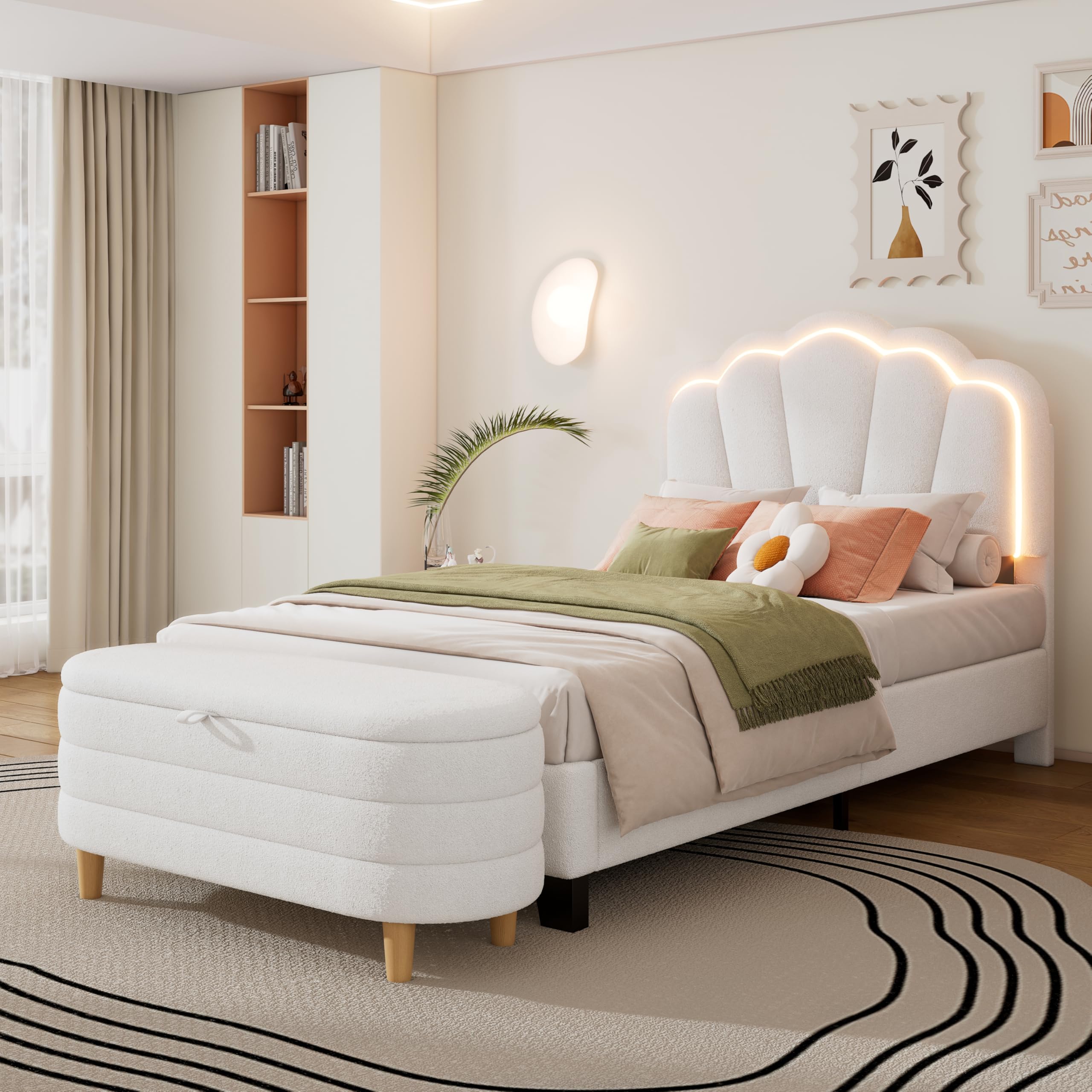 SOFTSEA Twin Size Upholstered Platform Bed with LED Lights & Storage Ottoman - 2 Piece White Bedroom Furniture Set for Modern Teens & Small Spaces | Perfect for Dorm Rooms, Studio Apartments & Guest Bedrooms