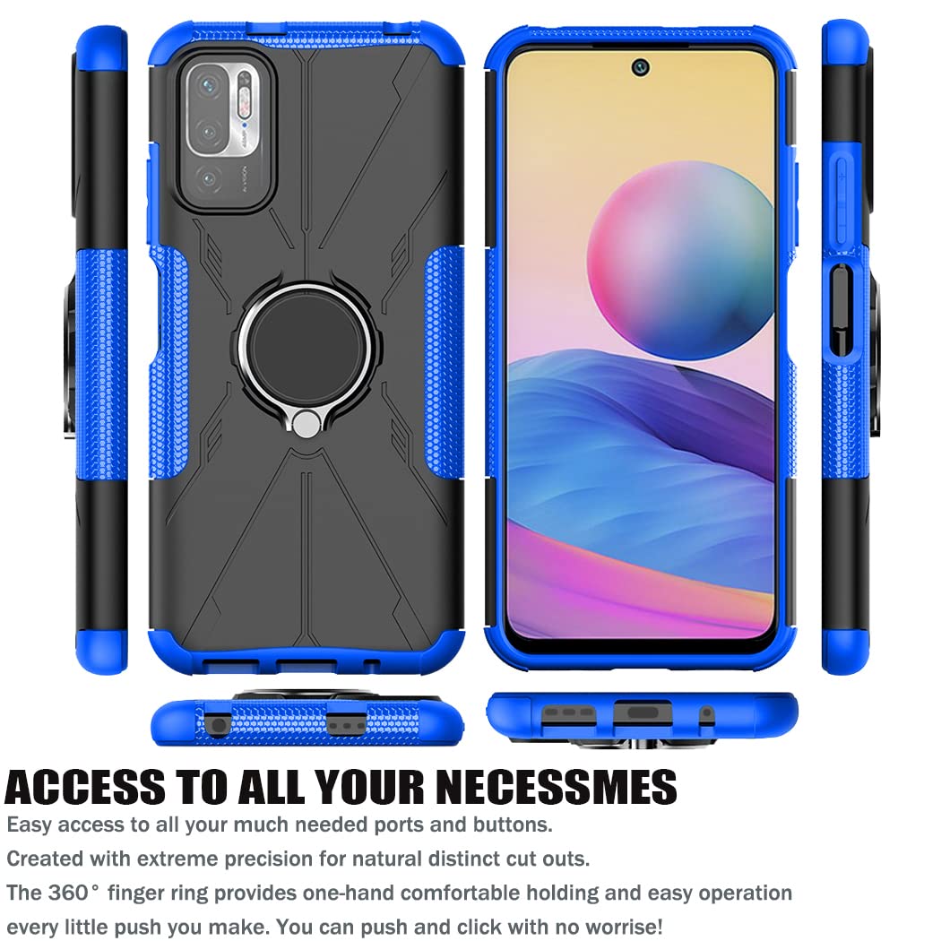 Shockproof Magnetic Kickstand Case for Redmi Note 10 5G/Poco M3 Pro/Redmi Note 10T 5G - Includes Tempered Glass Screen Protector | Perfect for Work, Travel & Everyday Protection (Blue)