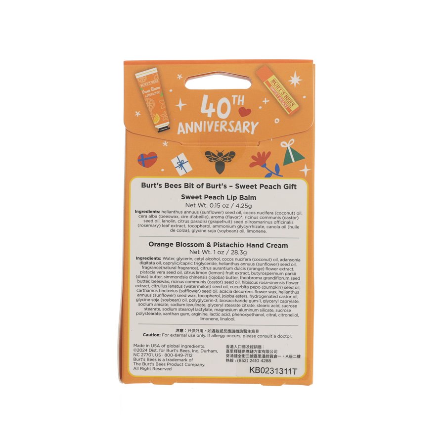 Burt's Bees Sweet Peach Lip Balm & Orange Blossom Pistachio Hand Cream Gift Set - Moisturizing Lip Care & Nourishing Hand Cream for Dry Skin - Perfect for Daily Use, Travel & Gifting
