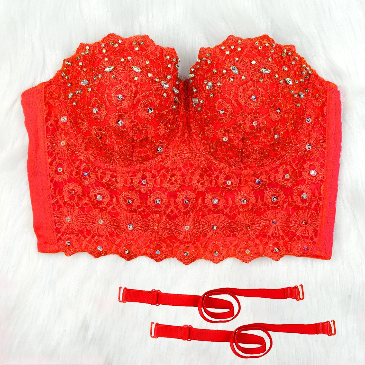 ELLACCI Women's Sexy Red Lace Rhinestone Bustier Crop Top - Mesh Corset Bra for Clubwear, Date Night & Boudoir Photography