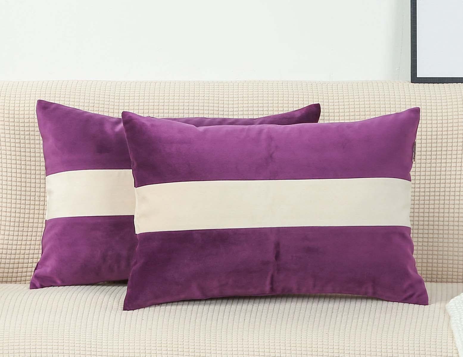 TangDepot Set of 2 Heavy Velvet Decorative Throw Pillow Covers - Super Soft Cream White Striped Cushion Covers for Sofa, Bed, Chair (12x20 Inch, 2 Pieces, Purple) | Indoor & Outdoor Lumbar Pillow Shells for Living Room, Patio, Dorm Decor