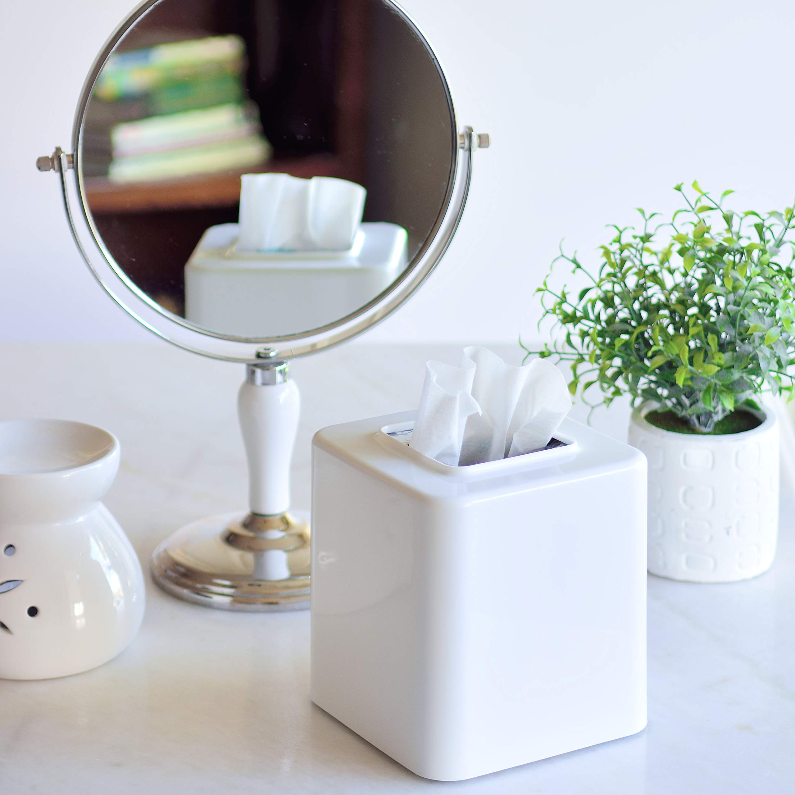 Youngever 2 Pack White Plastic Square Tissue Box Covers & Napkin Holders - Decorative Bathroom & Kitchen Tissue Box Organizer for Home Office Decor