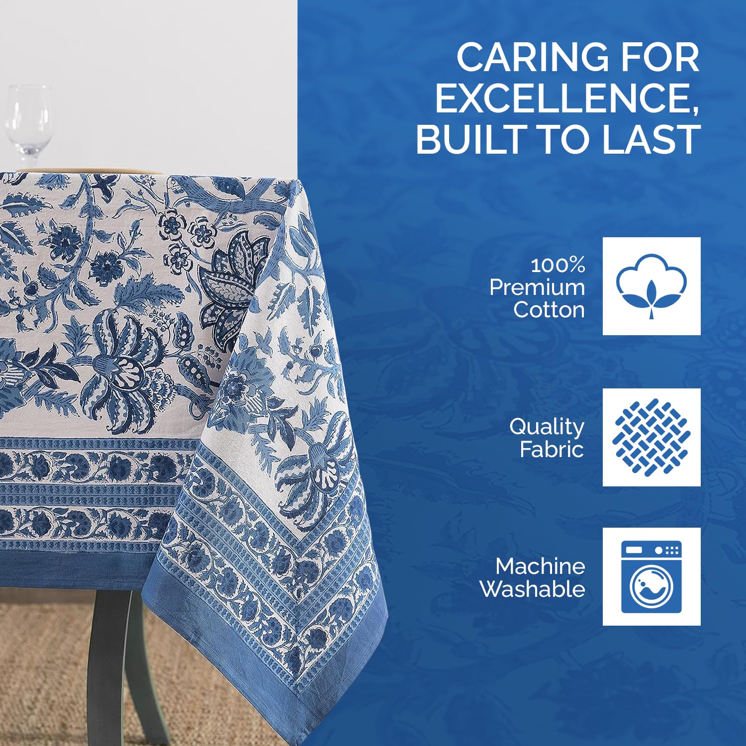 Handblock Printed Indian Cotton Tablecloth 72x135 Inch – Floral Country Style Rectangular Dining Table Cover for 10-Seater | Blue Spring Easter Bridal Party Baby Shower Decoration | Perfect for Weddings, Holiday Dinners & Special Occasions