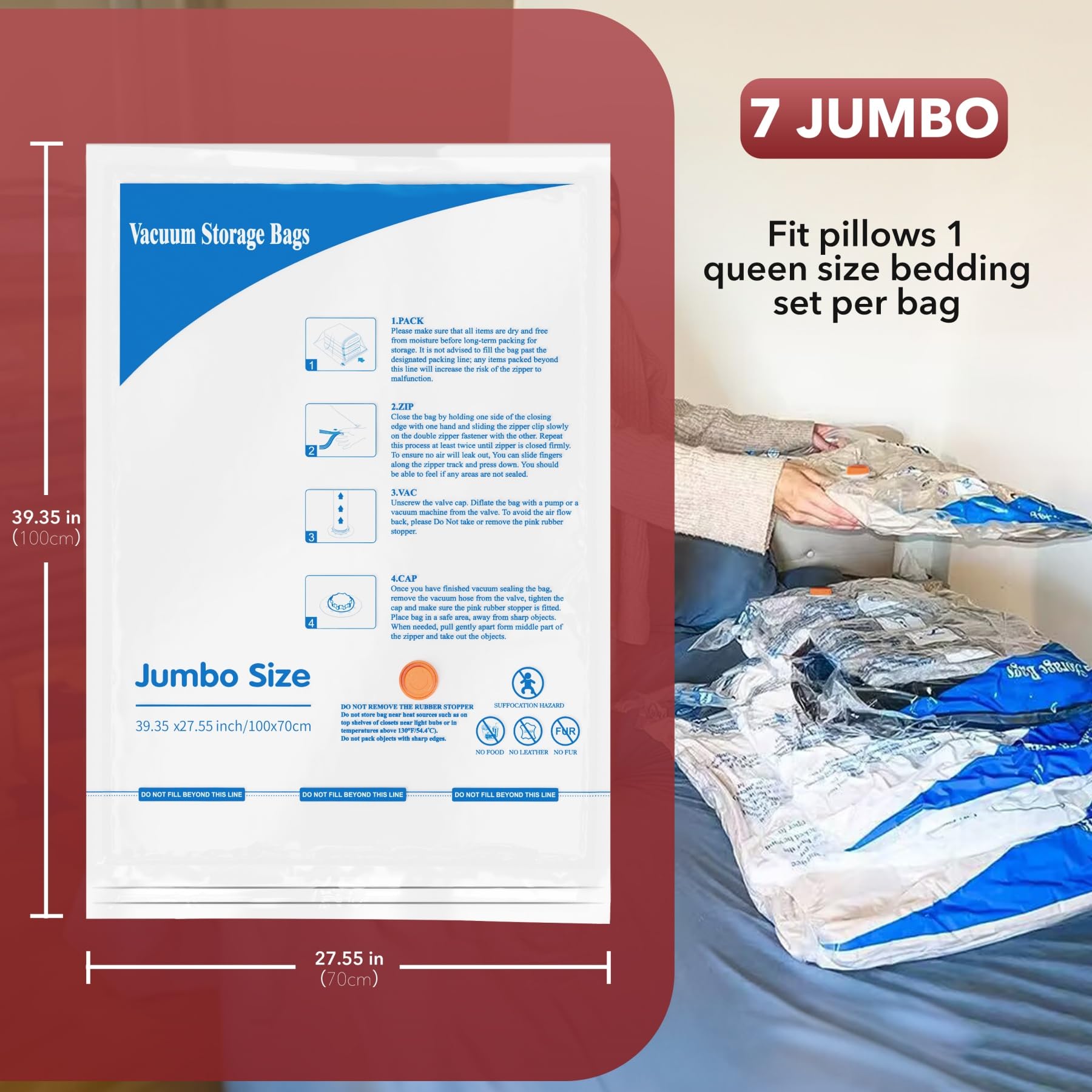 7 Jumbo Vacuum Storage Bags - Space Saving Airtight Compression Bags for Clothes, Pillows, Comforters & Blankets | Perfect for Travel, Seasonal Storage & Home Organization