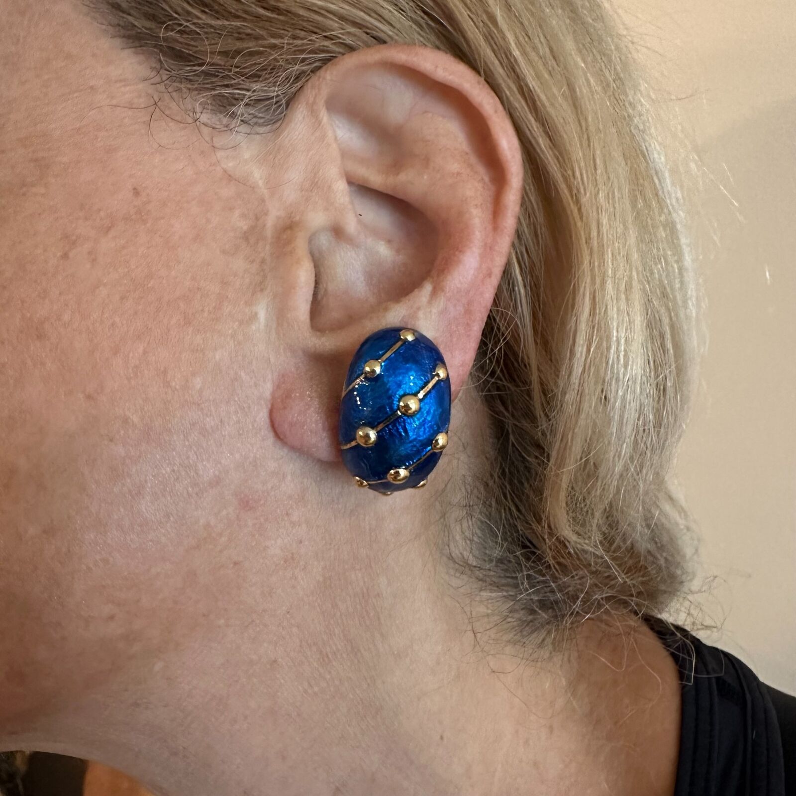 Tiffany & Co Schlumberger 18k Yellow Gold Large Blue Enamel Banana Clip Earrings - Luxury Vintage Jewelry for Women, Perfect for Parties, Weddings & Special Occasions