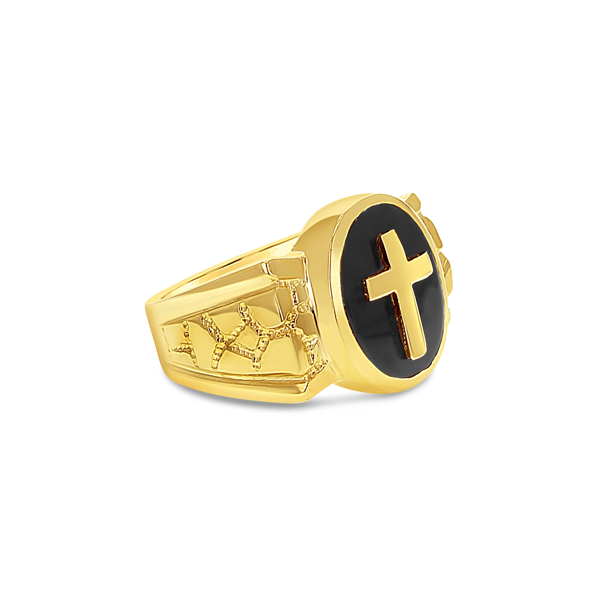 14k Yellow Gold Onyx Cross Ring for Men - Stylish Religious Jewelry Gift for Christmas, Baptism & Everyday Wear